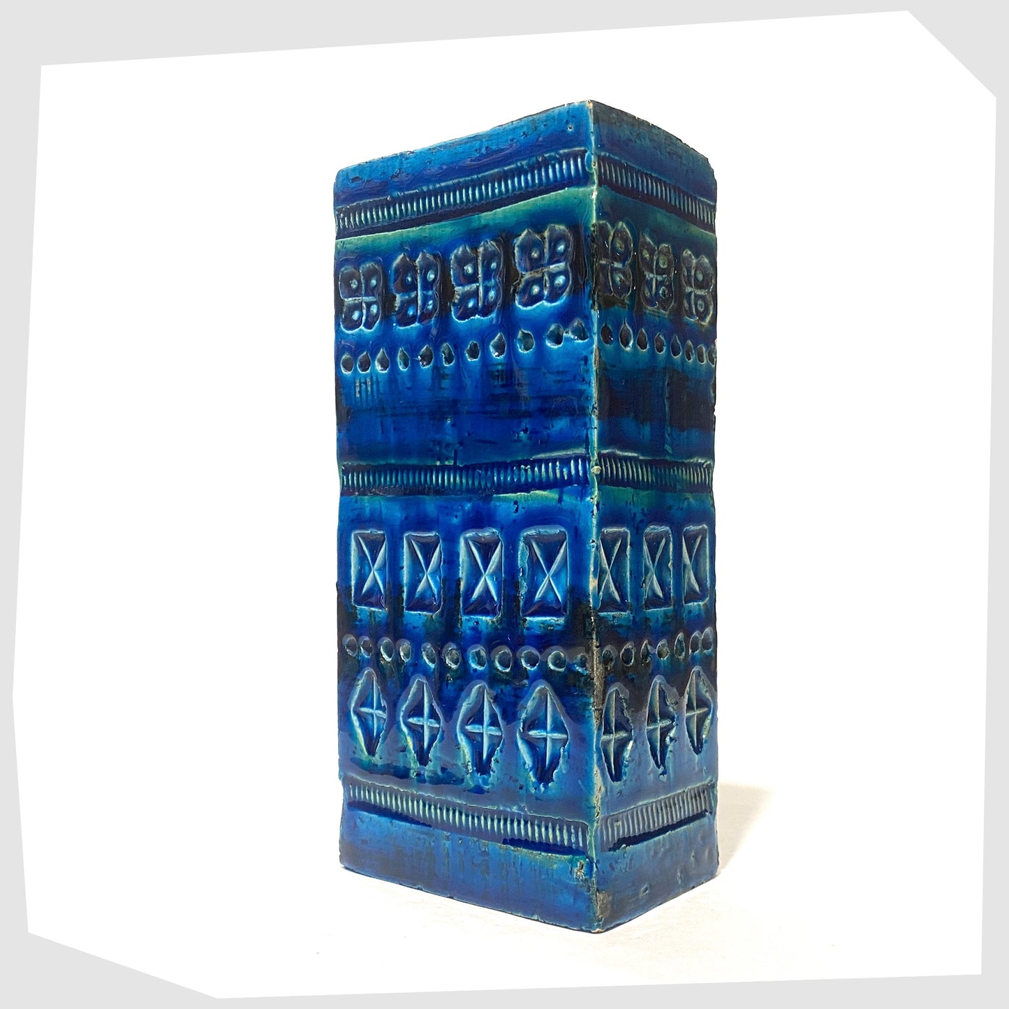 Bitossi Rimini Blu Brick Vase, designed by Aldo Londi, shown on a white background