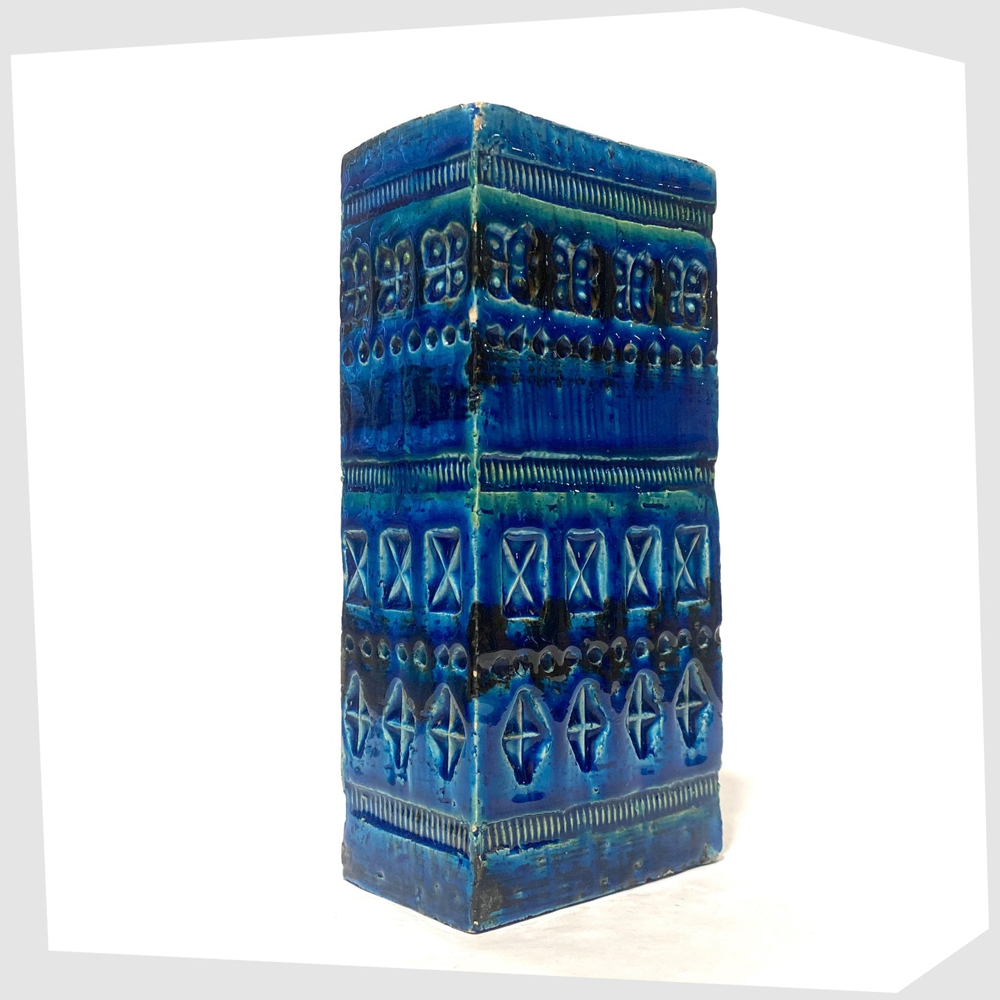 1960s Bitossi Rimini Blu Brick Vase, designed by Aldo Londi, shown on a white background