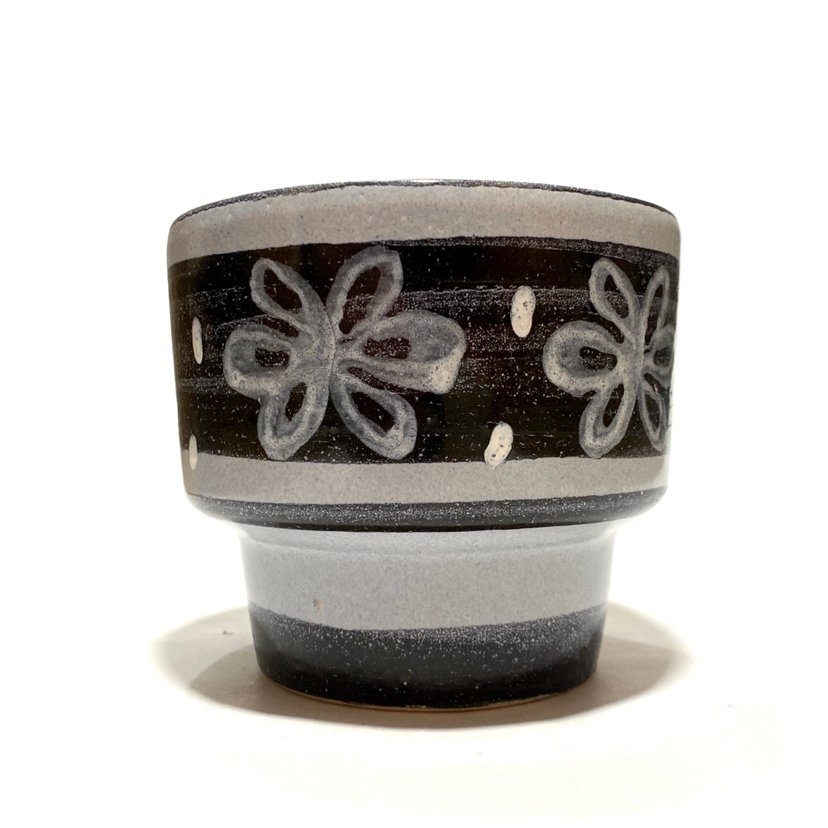 Belgian Pottery Planter by BPF Heffen in a grey/blue glaze with hand-painted band of stylised flowers, shown on a white background