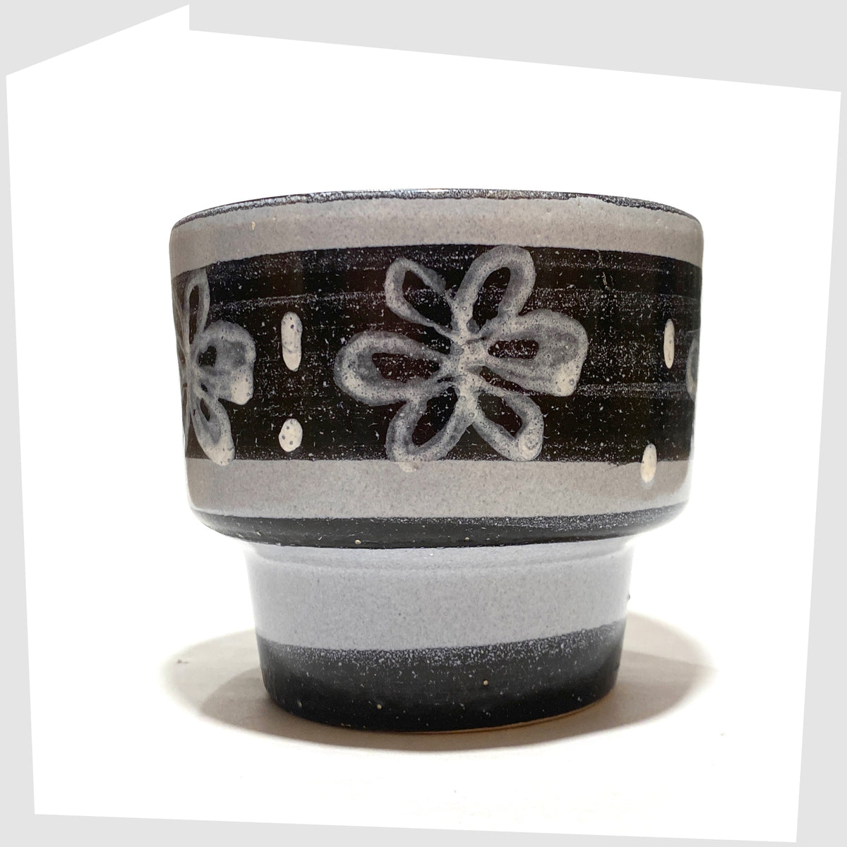 Belgian Pottery Planter made by BPF Heffen in a grey/blue glaze with hand-painted band of stylised flowers, shown on a white background