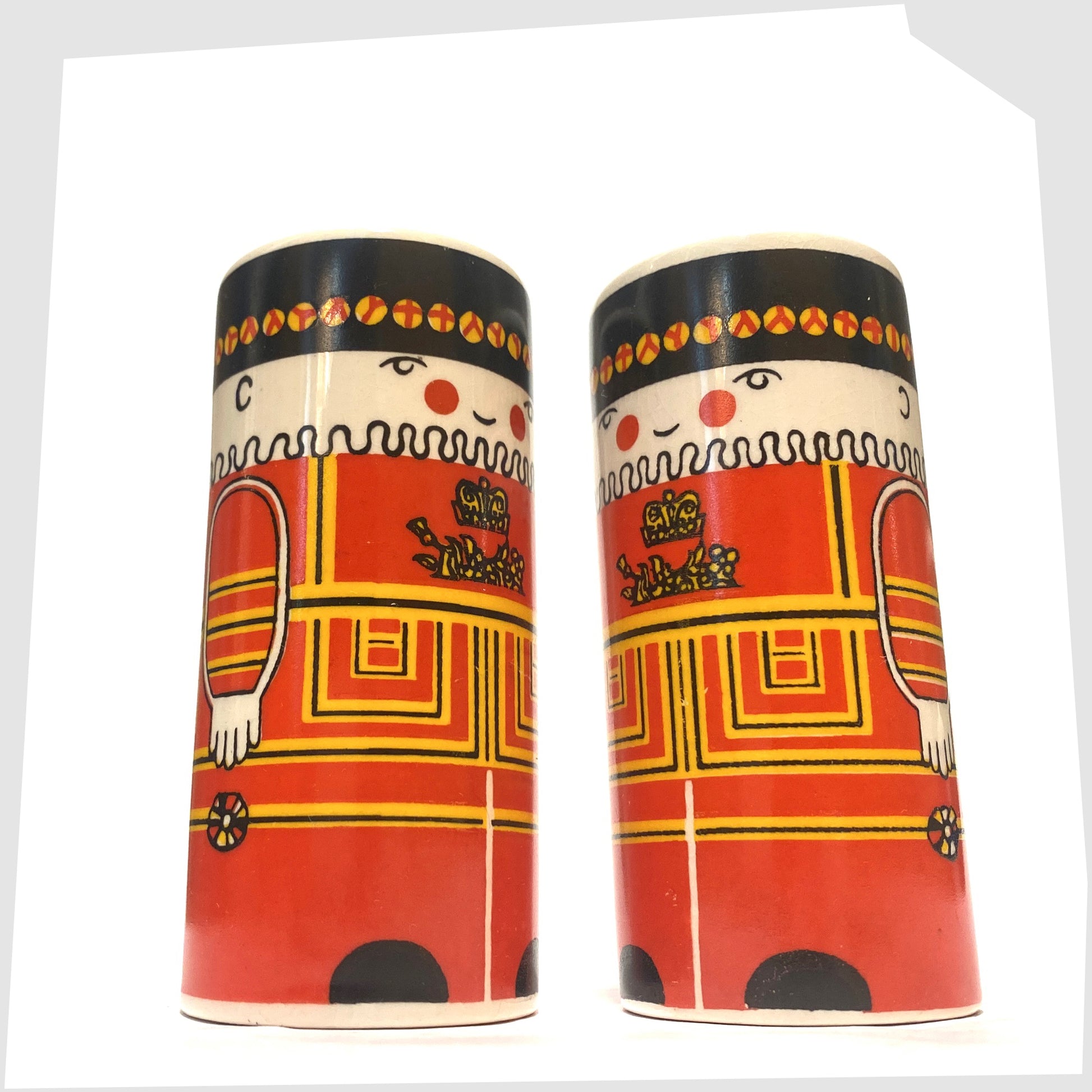 Pair of Carlton Ware Salt & Pepper Shakers with Beefeater design, shown on a white background