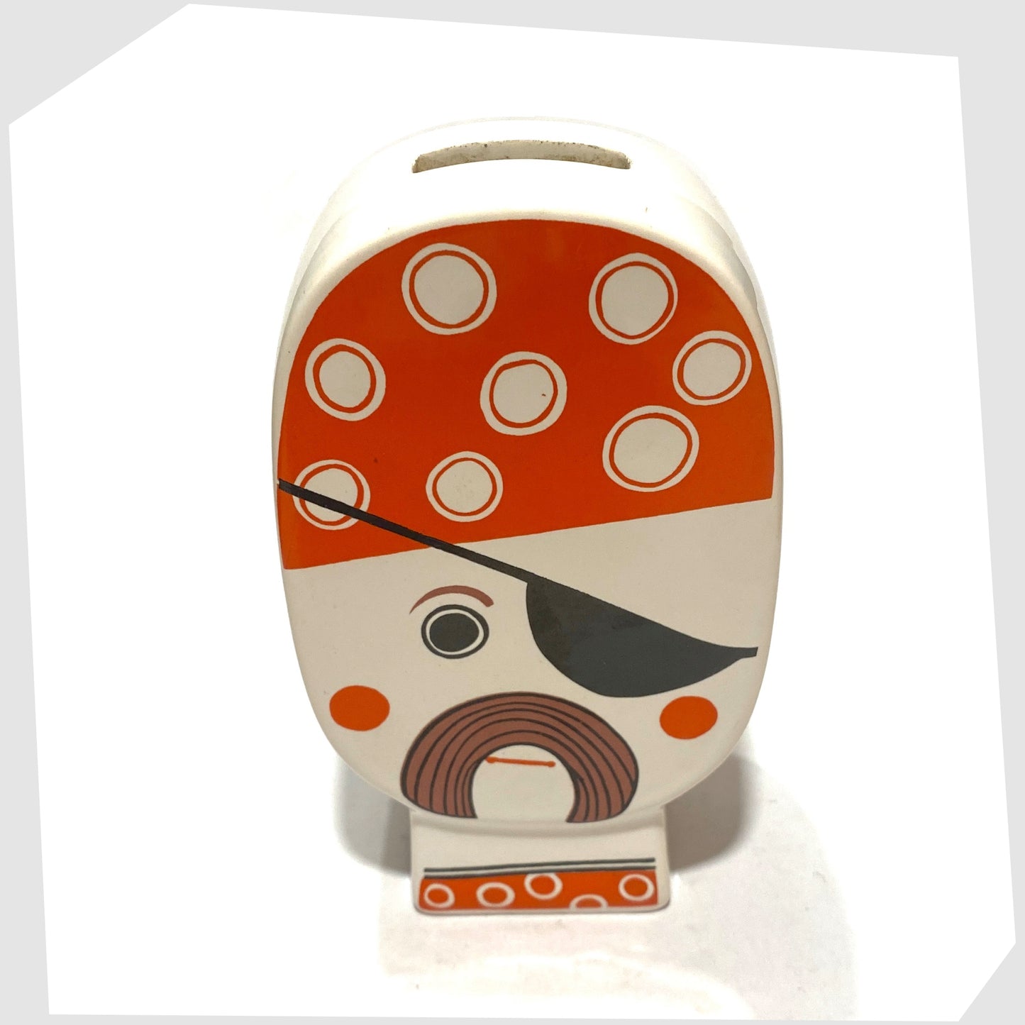 top coin slot on the Carlton Ware Pirate Money Box, made of ceramic with a printed pirates face