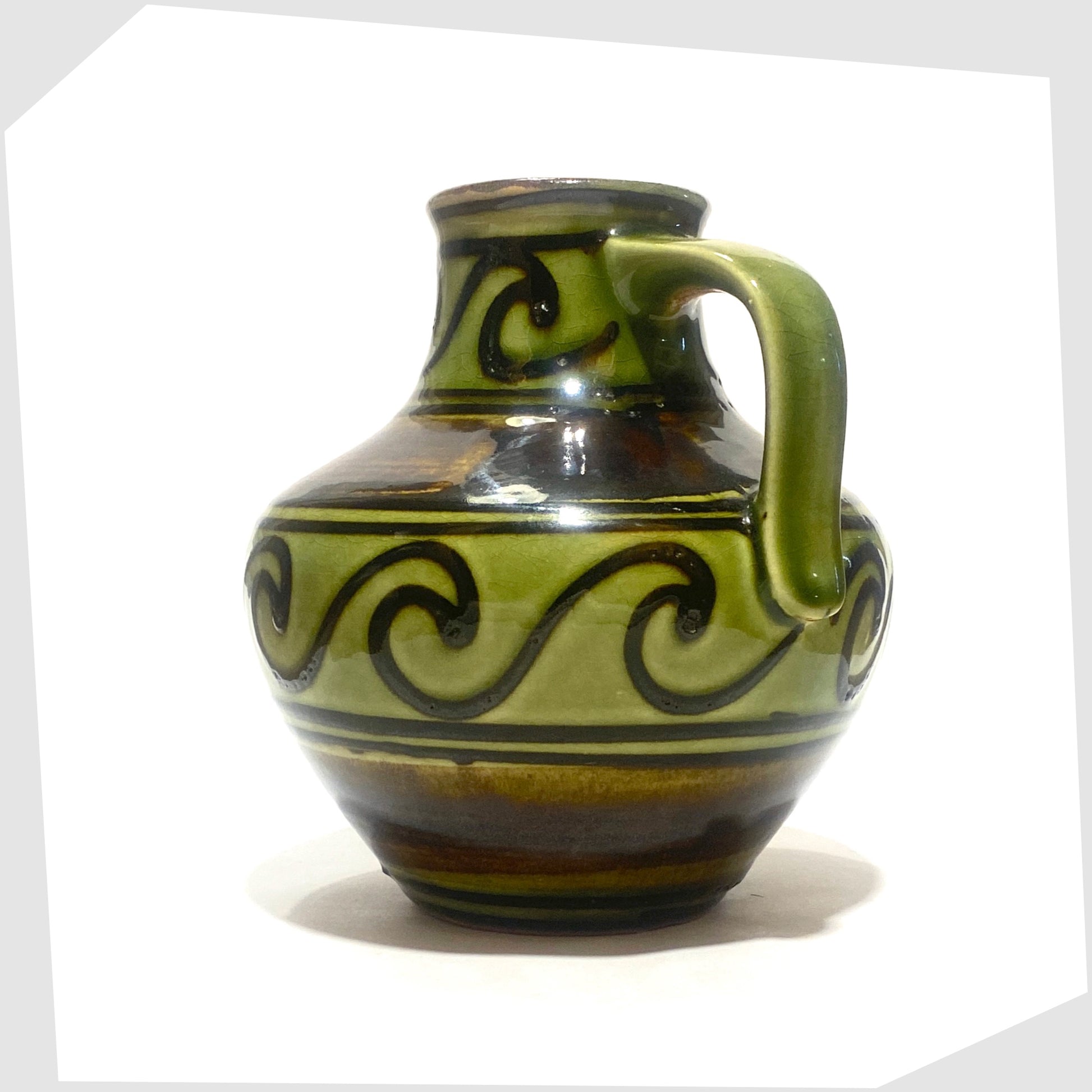 vintage 1970s carstens-tonnieshof keramik vase, model 6000-15, glazed with bands of apple green and brown, with a repeating pattern of flowing waves