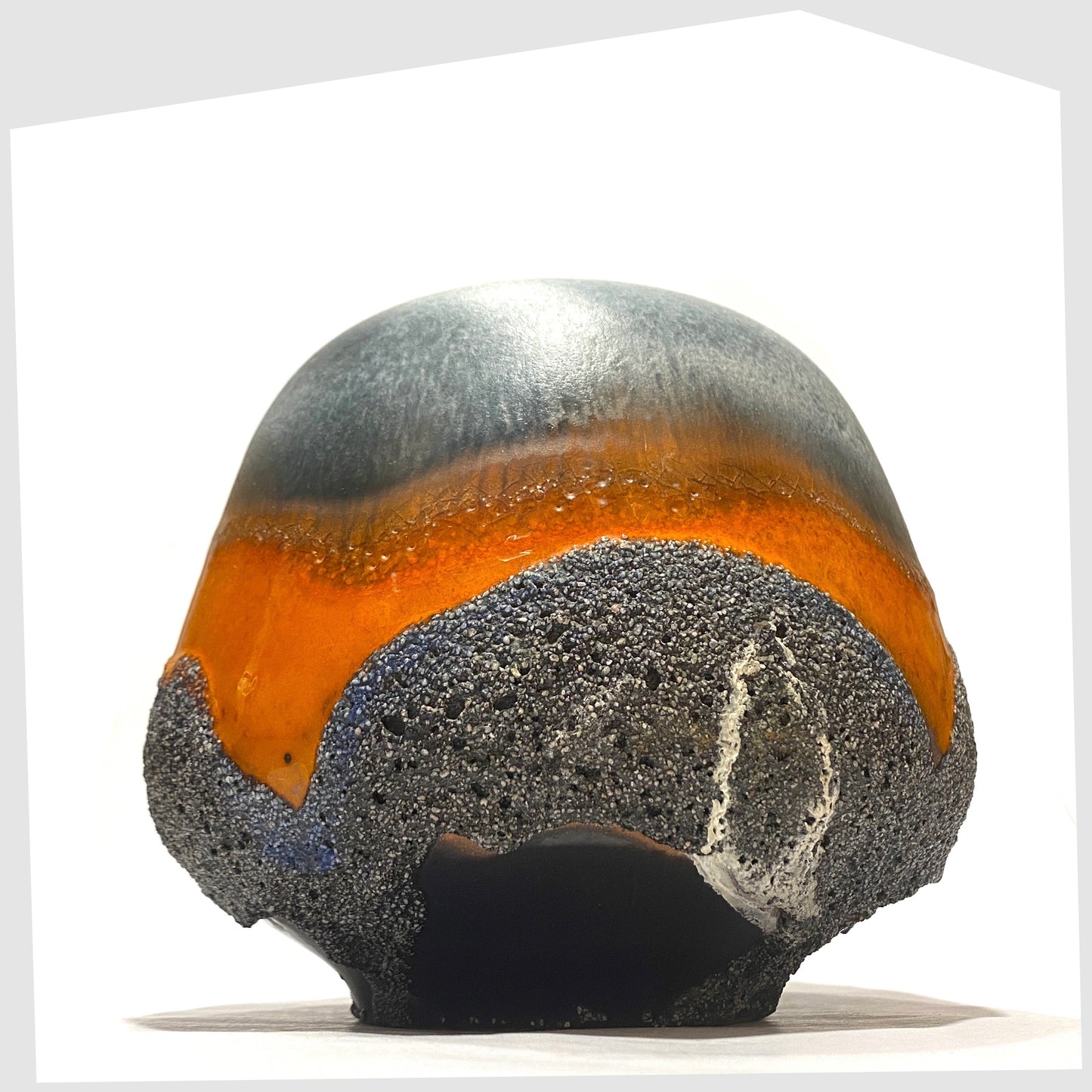 West German Pottery Carsten Tonnieshof Vase in asteroid form with bands of cool grey, volcanic orange and blue fat lava