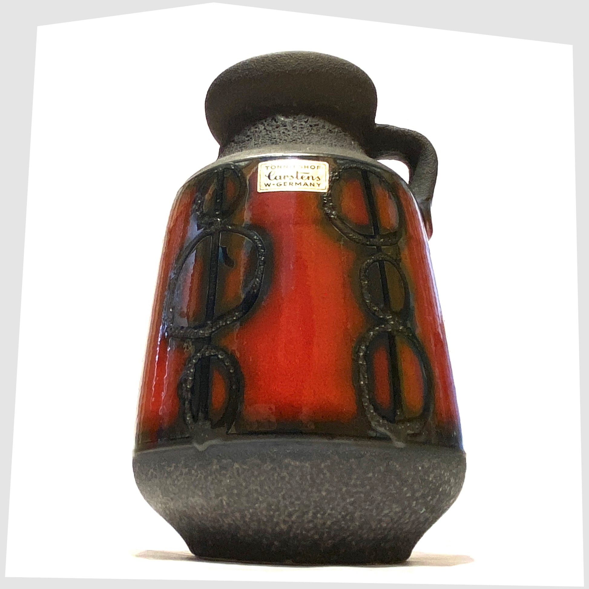 1970s Carstens Tonnieshof Vase in matte grey glaze with a central band of red fat lava glaze