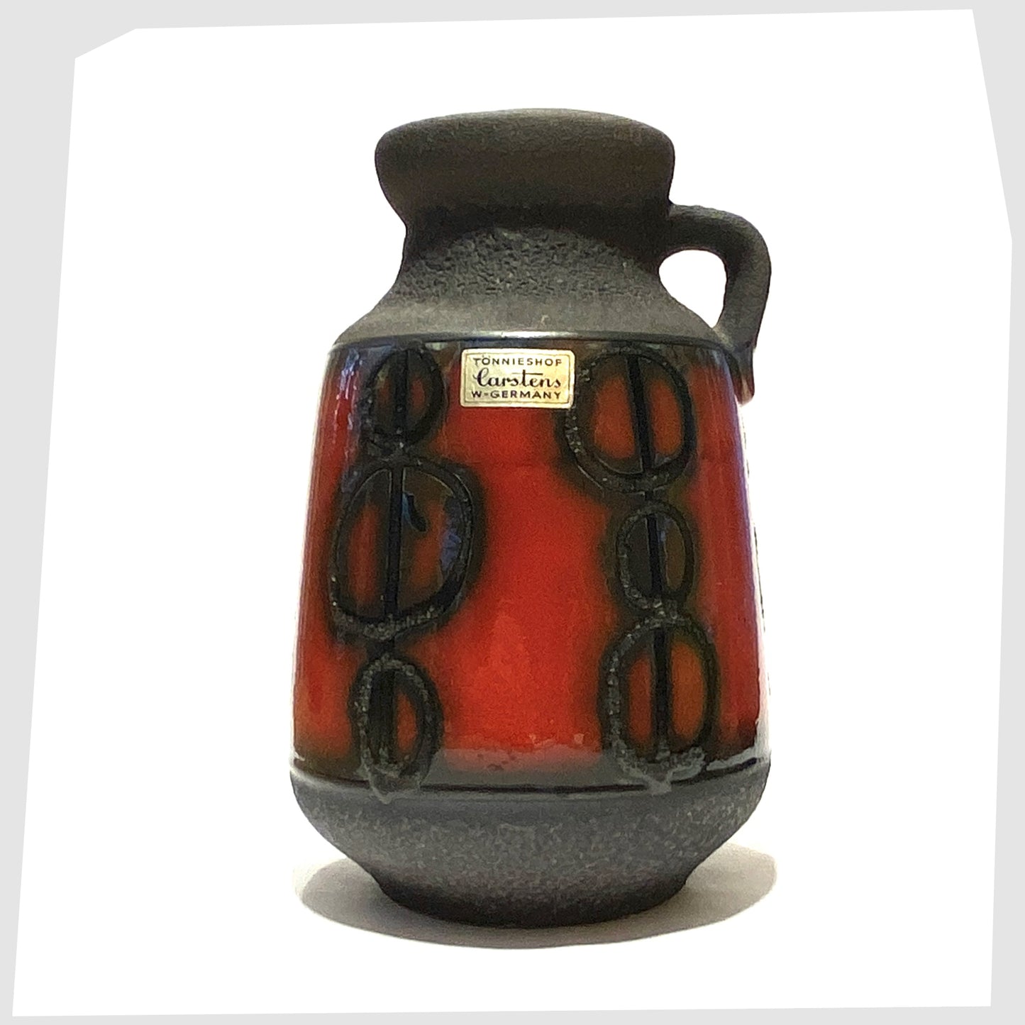 Carstens Tonnieshof Vase in matte grey glaze with a central band of red fat lava glaze, shown with its original retail label attached