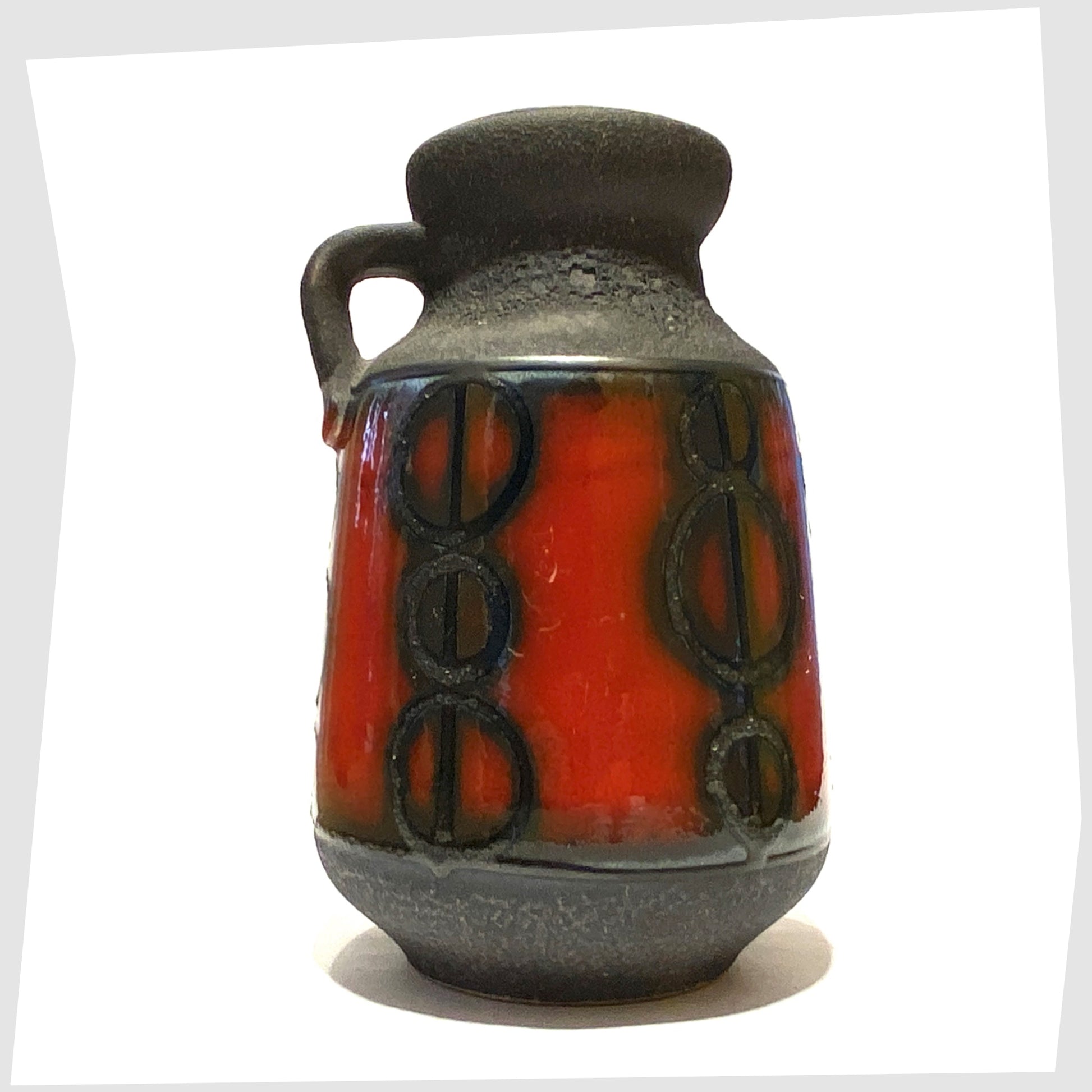 West German Carstens Tonnieshof Vase in matte grey glaze with a central band of red fat lava glaze