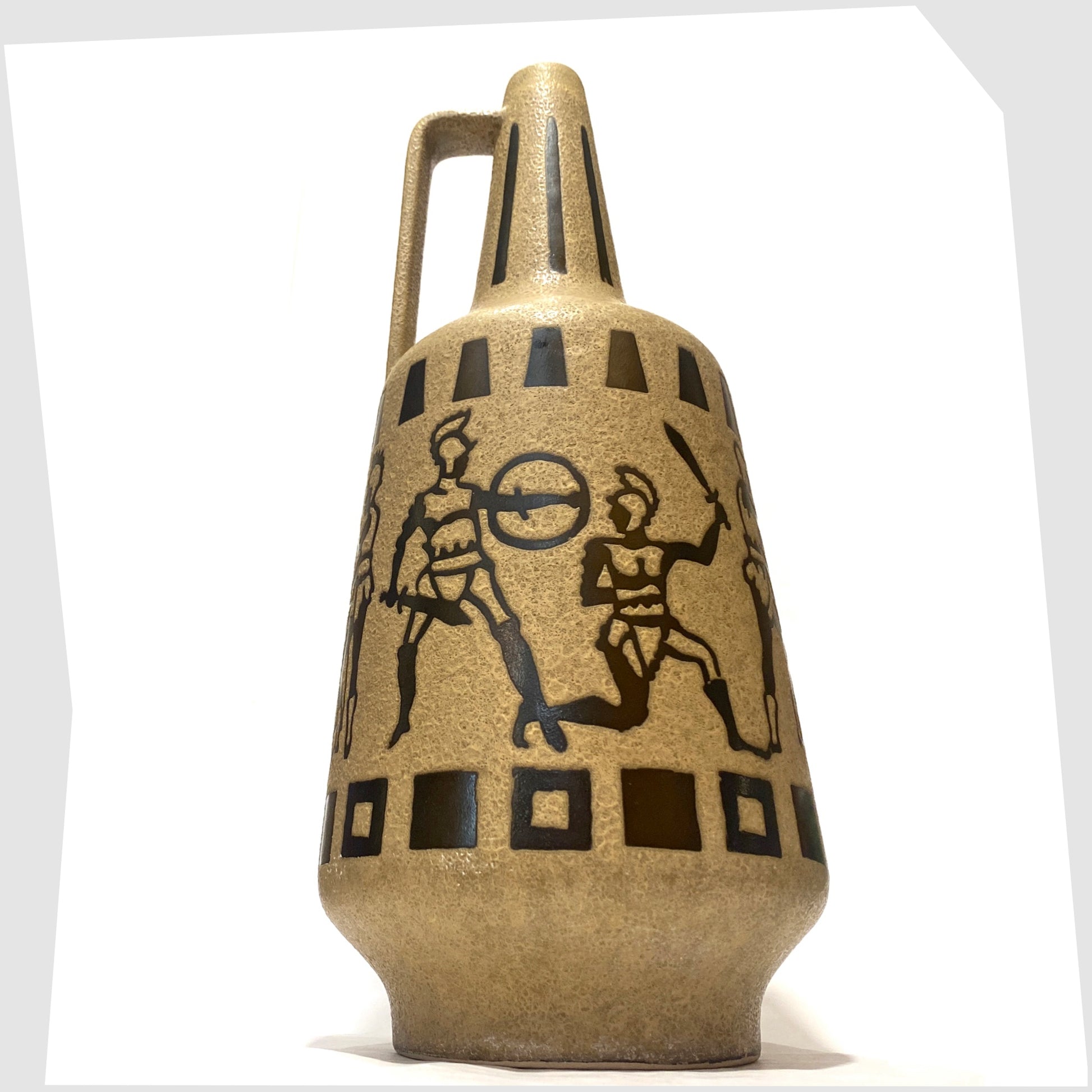 Vintage Ceramano 6132/40 Floor Vase designed by Hans Welling featuring a wrap around design of Roman soldiers on a textured beige glaze, shown on a white background