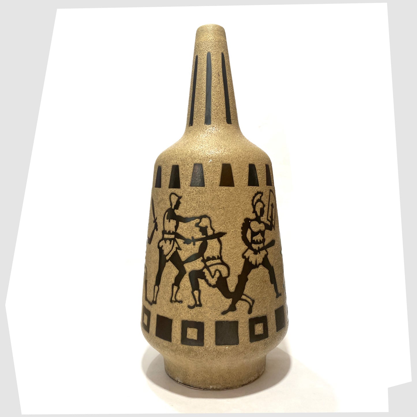 Front of the Ceramano 6132/40 Floor Vase designed by Hans Welling featuring a wrap around design of Roman soldiers on a textured beige glaze, shown on a white background