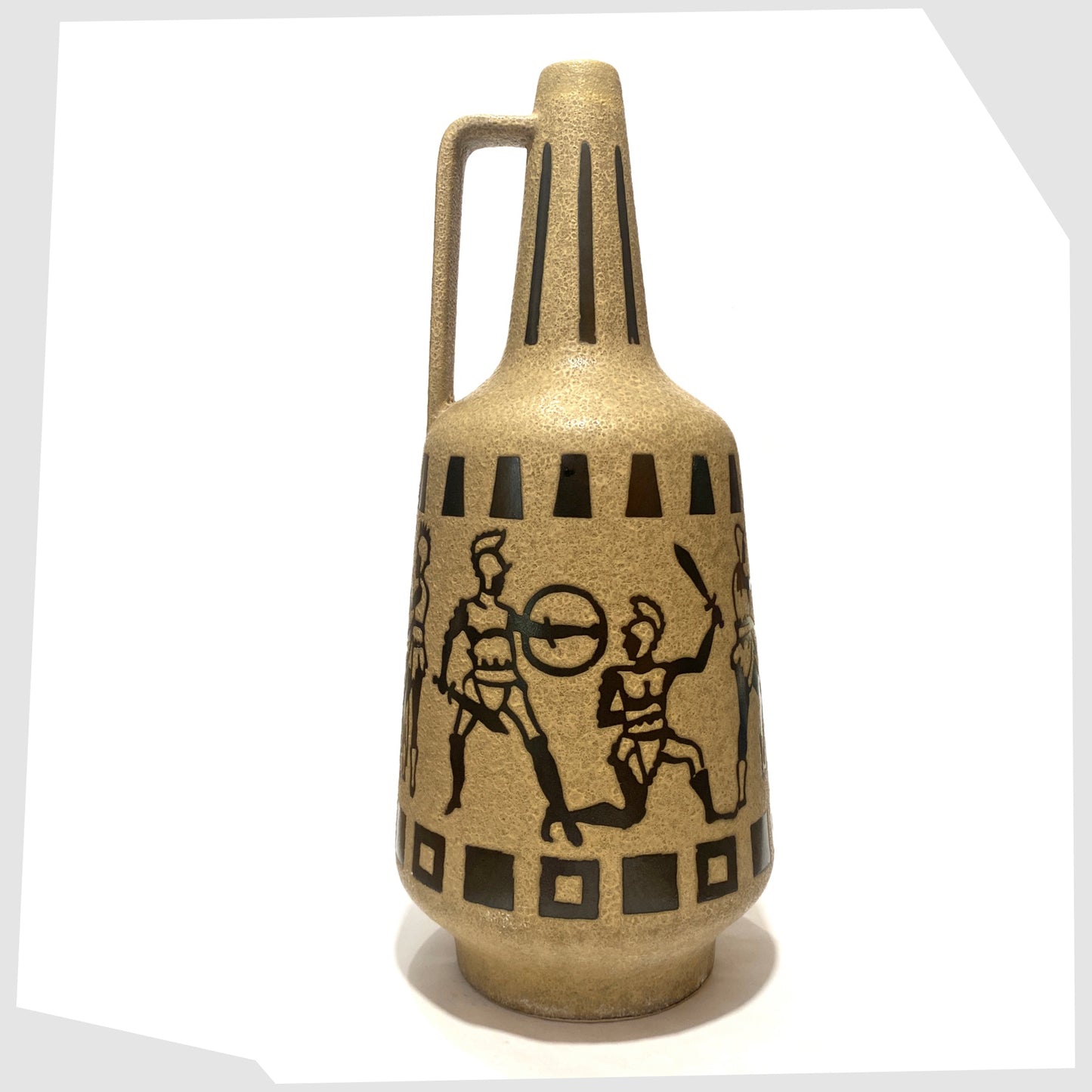 1960s Ceramano 6132/40 Floor Vase designed by Hans Welling featuring a wrap around design of Roman soldiers on a textured beige glaze, shown on a white background