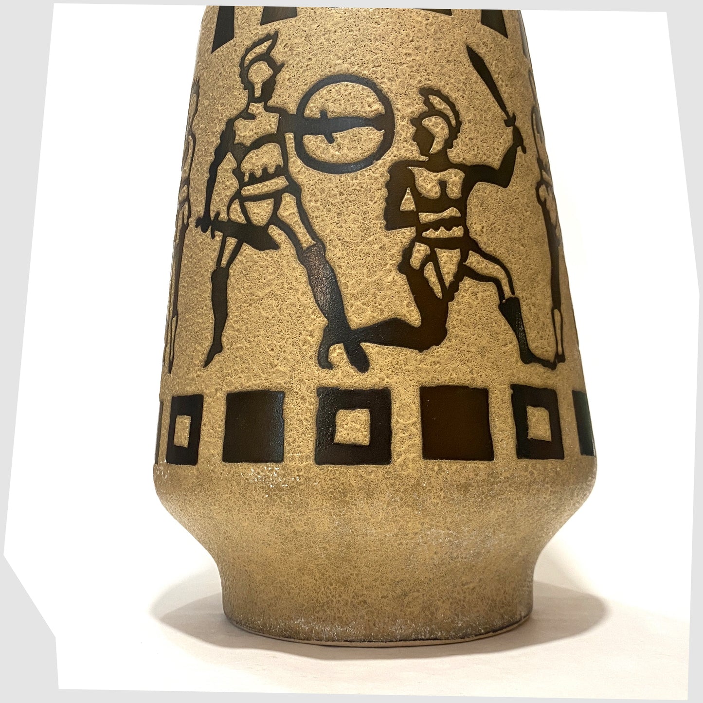 Base section of the Ceramano 6132/40 Floor Vase designed by Hans Welling featuring a wrap around design of Roman soldiers on a textured beige glaze, shown on a white background