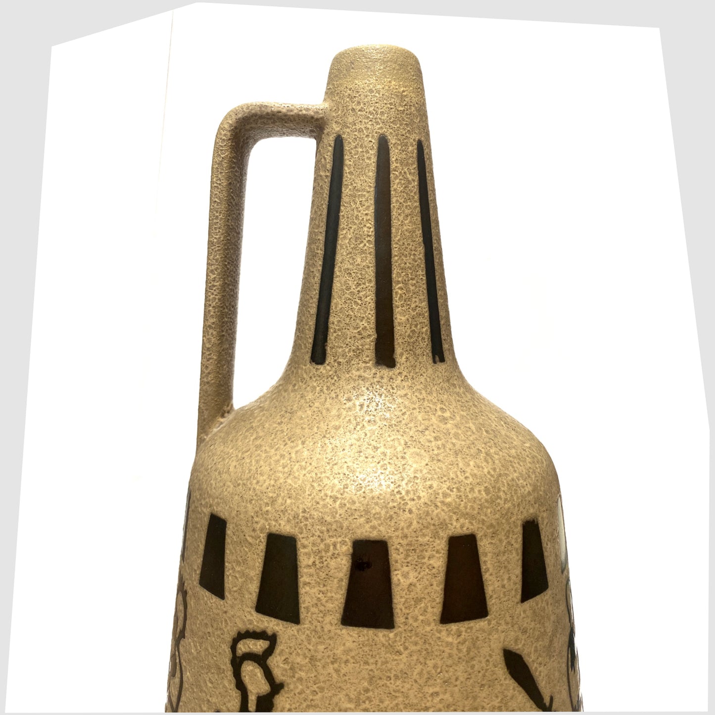 Top section of the Ceramano 6132/40 Floor Vase designed by Hans Welling featuring a wrap around design of Roman soldiers on a textured beige glaze, shown on a white background