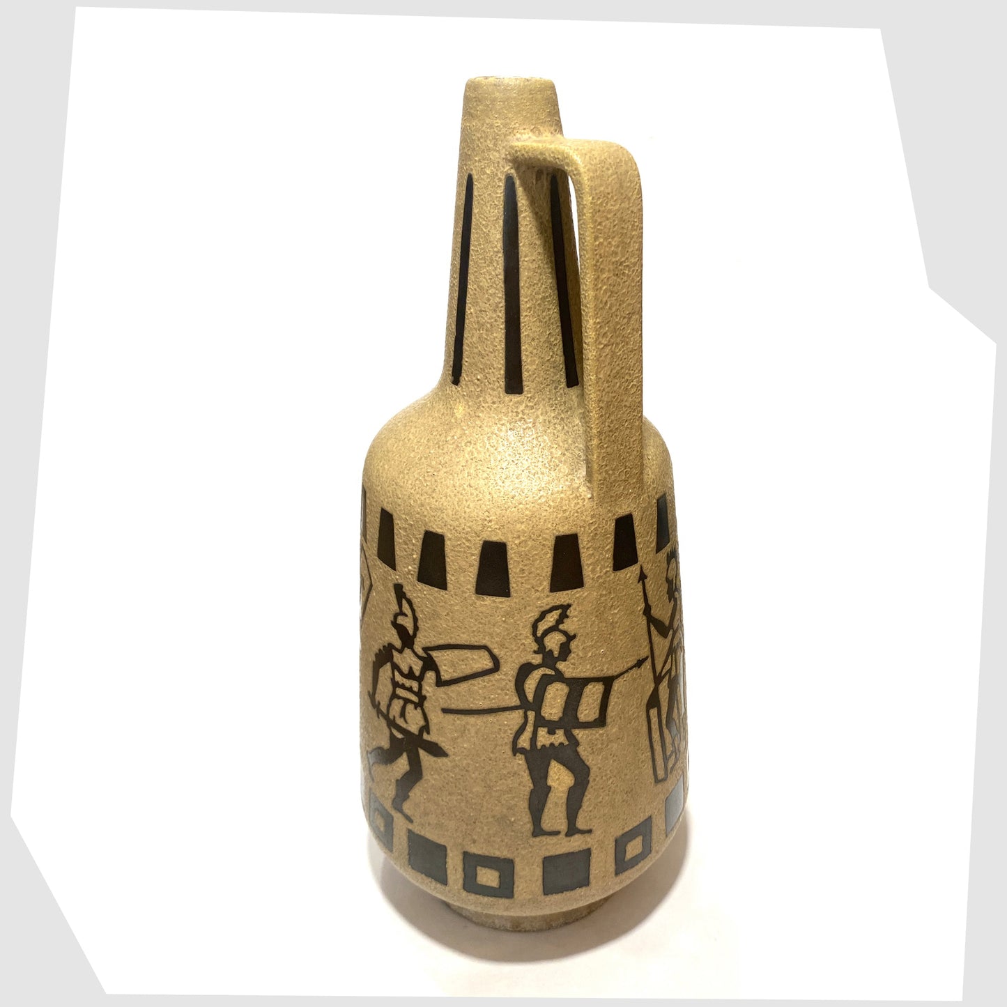 Handle of the Ceramano 6132/40 Floor Vase designed by Hans Welling featuring a wrap around design of Roman soldiers on a textured beige glaze, shown on a white background