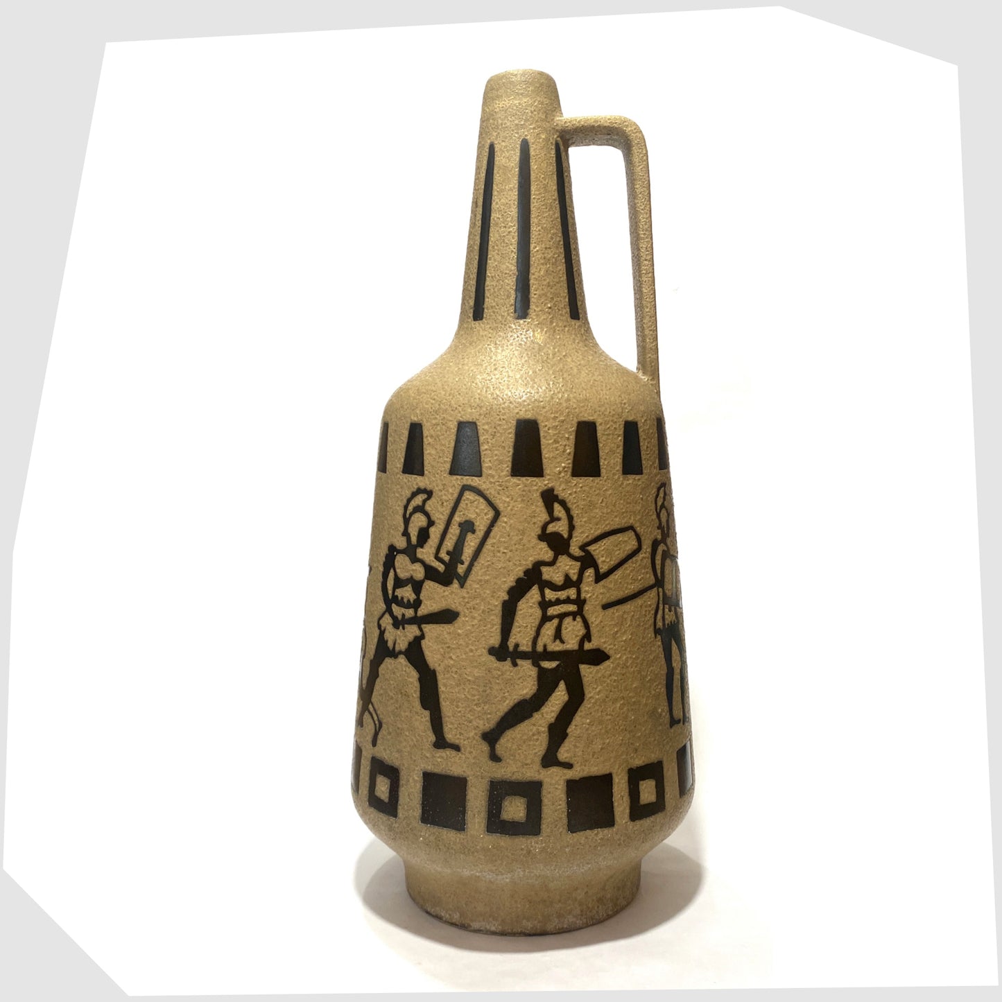 Ceramano 6132/40 Floor Vase designed by Hans Welling featuring a wrap around design of Roman soldiers on a textured beige glaze, shown on a white background