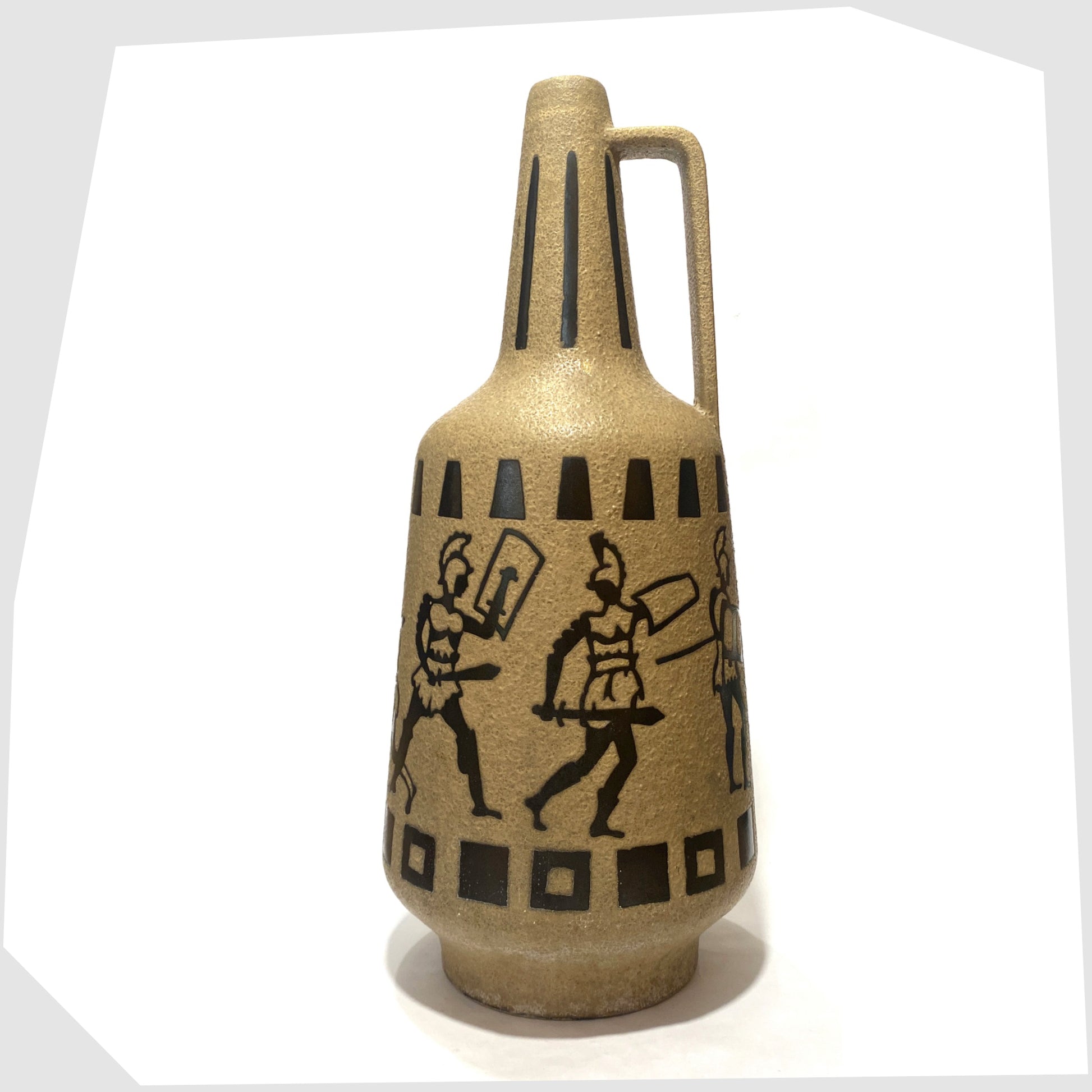 Ceramano 6132/40 Floor Vase designed by Hans Welling featuring a wrap around design of Roman soldiers on a textured beige glaze, shown on a white background
