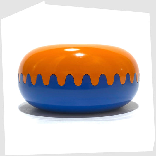 Clam Ashtray in Orange and Blue, designed by Alan Fletcher for Pentagram design in 1972, shown on a white background