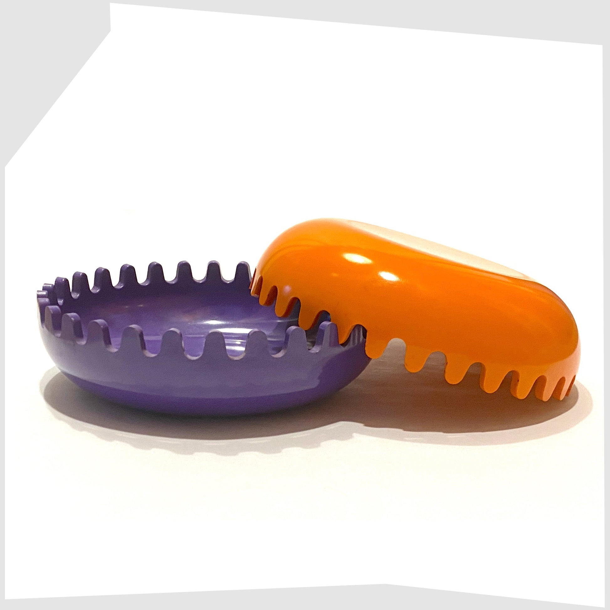 vintage alan fletcher clam ashtray in purple and orange colour way