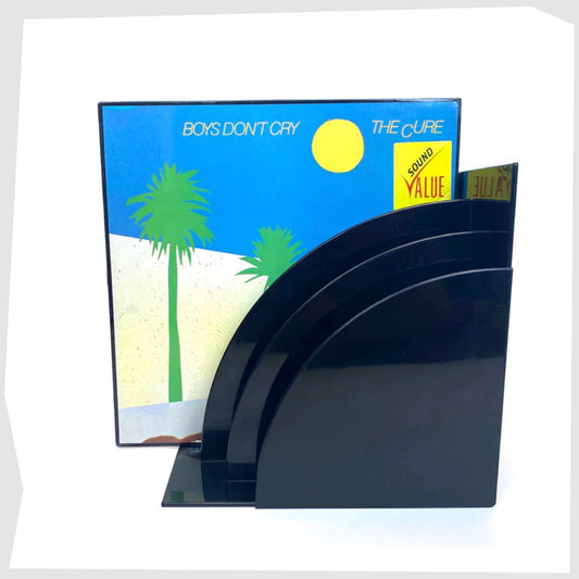 Crayonne Record Rack in Black, designed by Terrance Conran for Habitat's 1970s plastic collection, shown with a 12" vinyl on a white background