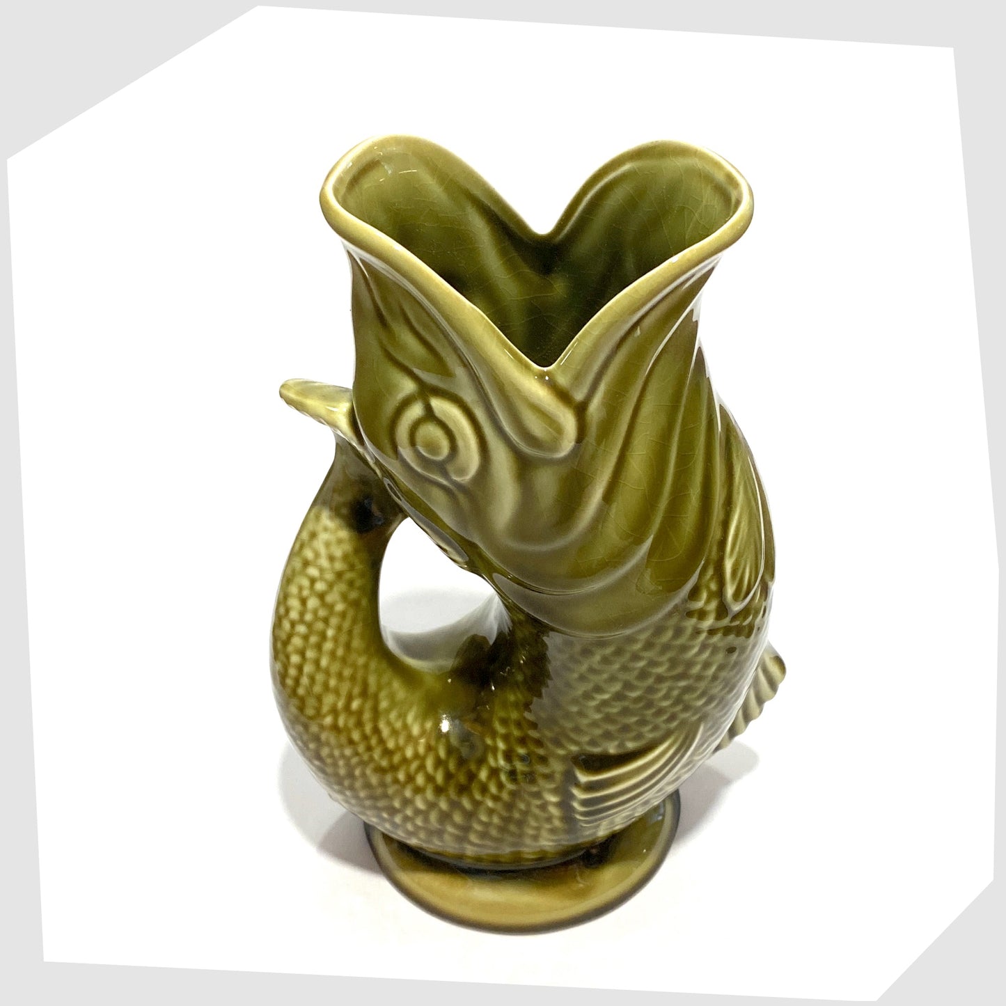 spout of the Dartmouth Pottery Gluggle Jug in khaki green glaze