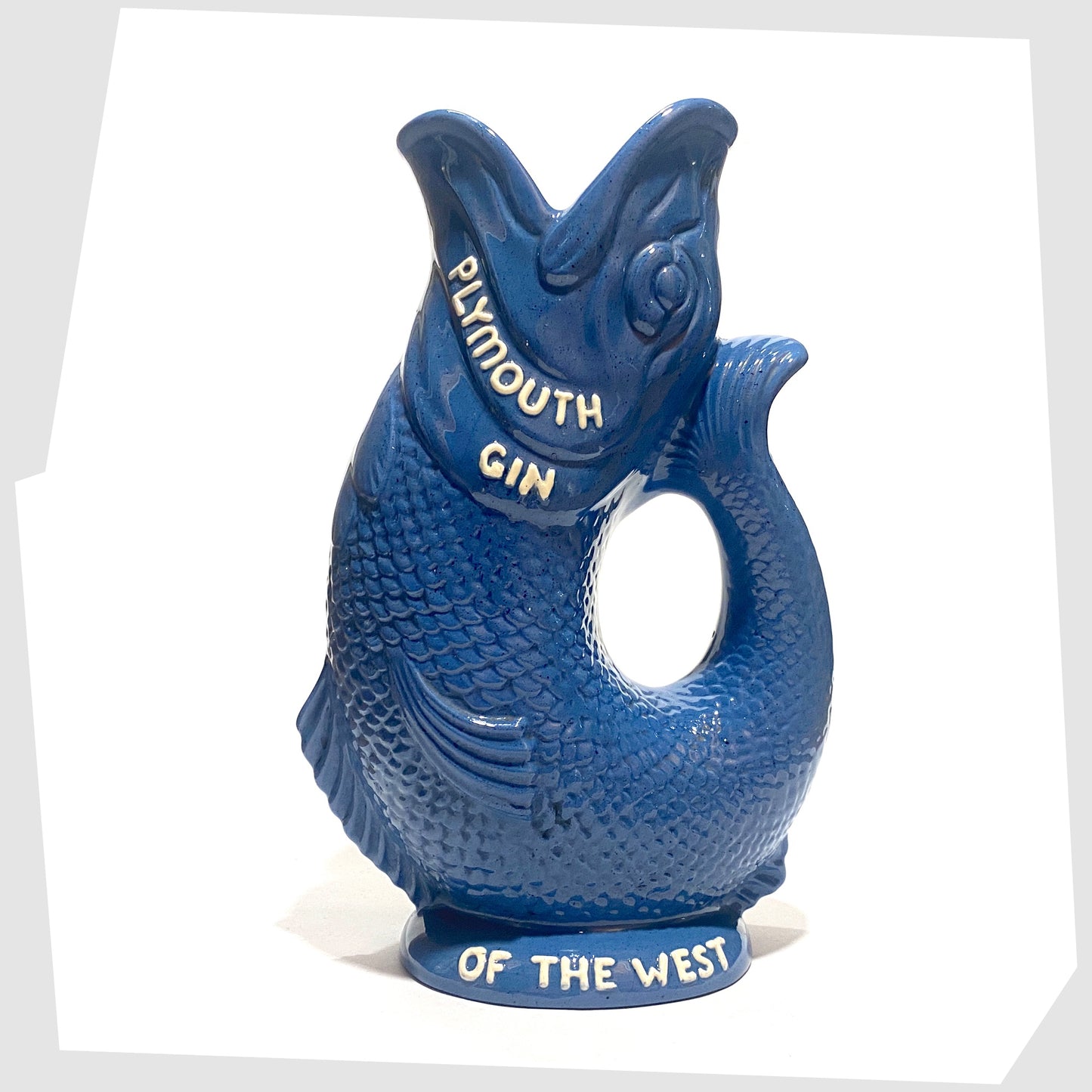 Vintage Dartmouth Pottery Plymouth Gin Gluggle in a sea blue glaze with white text around the spout and base