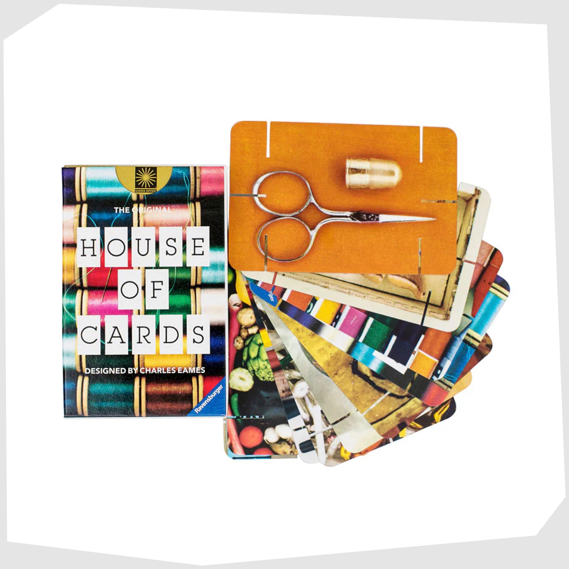 Eames House Of Cards (Small Size), Packaging Box shown with a selection of cards
