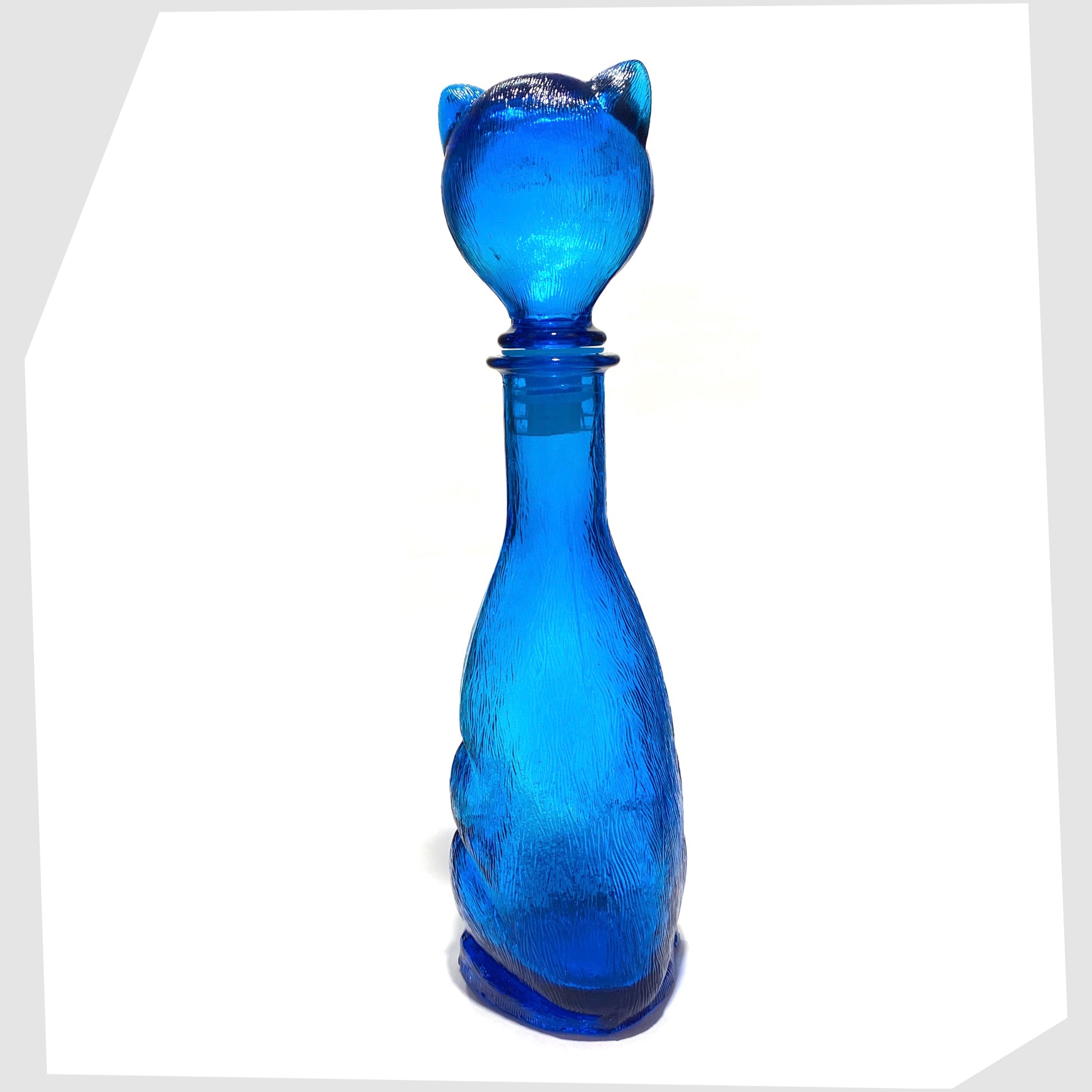Rear of the Empoli Art Glass Cat-Shaped Decorative Bottle in rich blue glass