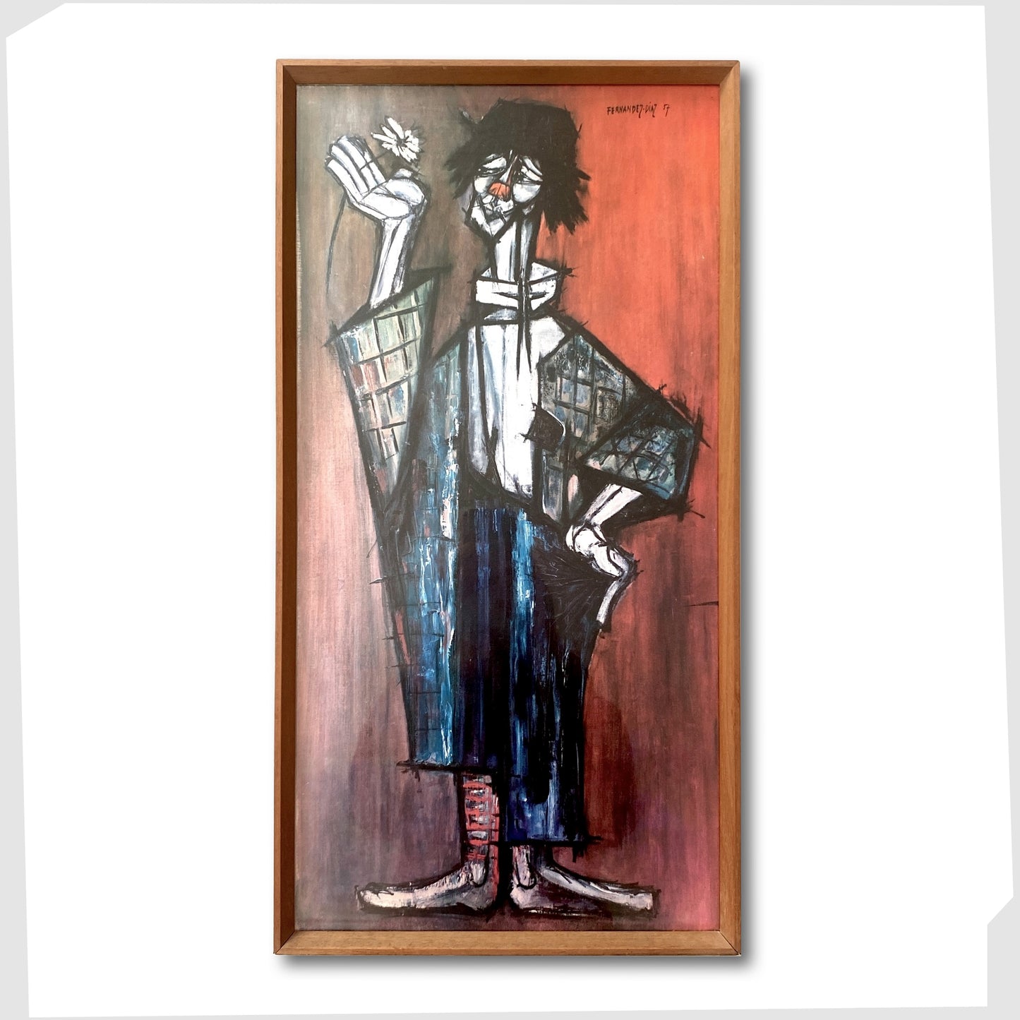 clown-with-flower-vintage-artwork-by-rosy-fernandez-diaz-in-original-wooden-frame