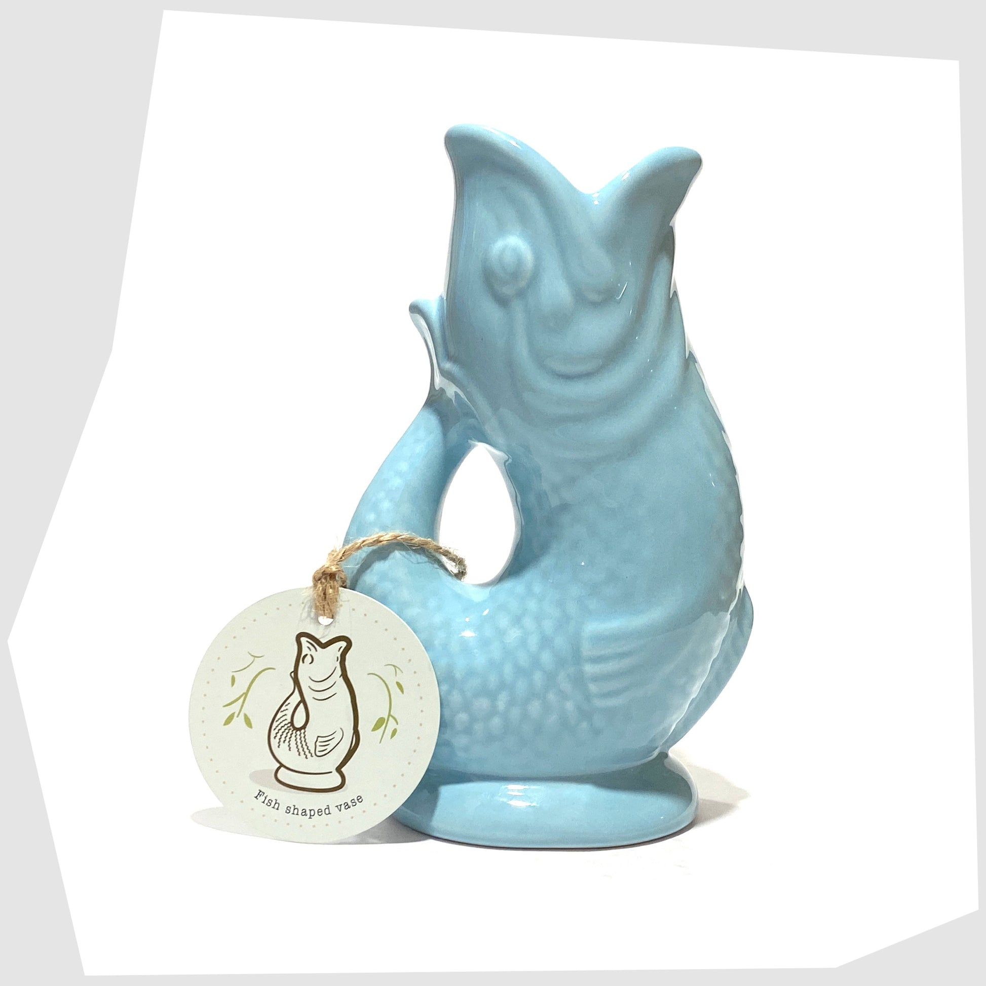Fish-Shaped Ceramic Vase in Light Blue glaze shown with its printed card tag