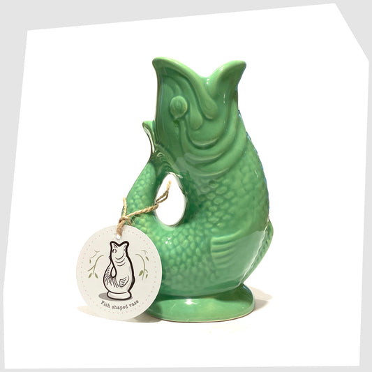 Ceramic Fish-Shaped Vase in bold green glaze shown with its printed card swing tag