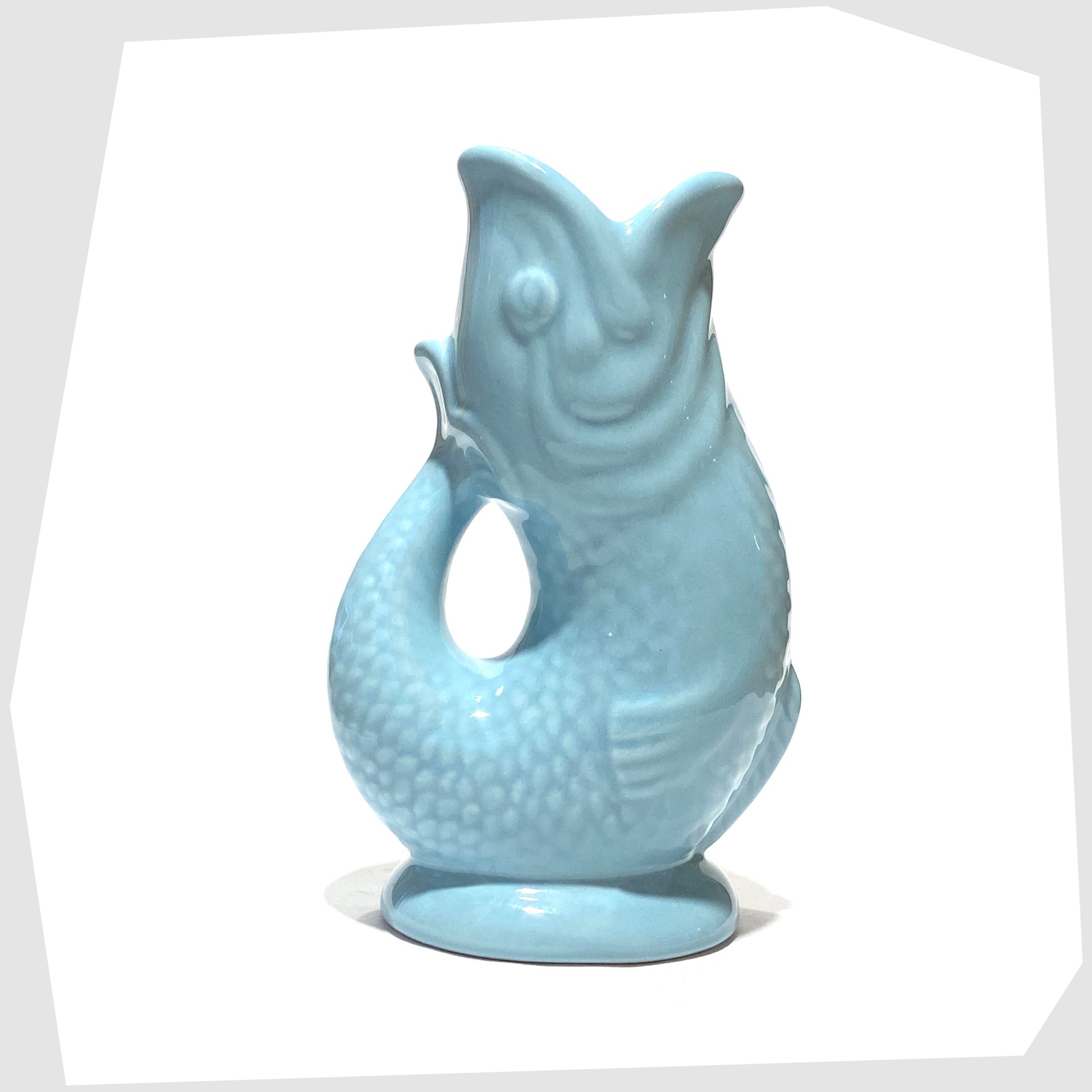 Gluggle Jug inspired Fish-Shaped Ceramic Vase in Light Blue glaze