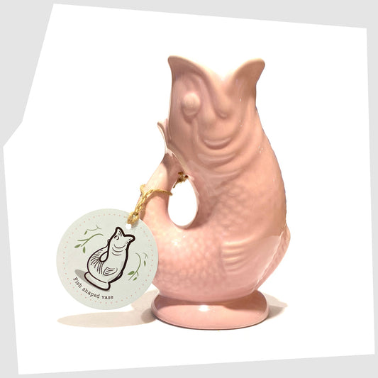 Fish-Shaped Ceramic Vase in pink glaze shown with its printed card tag