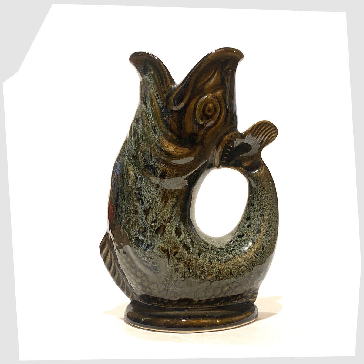 Vintage Fosters Studio Pottery Gluggle in Green honeycomb drip glaze, shown on a white background
