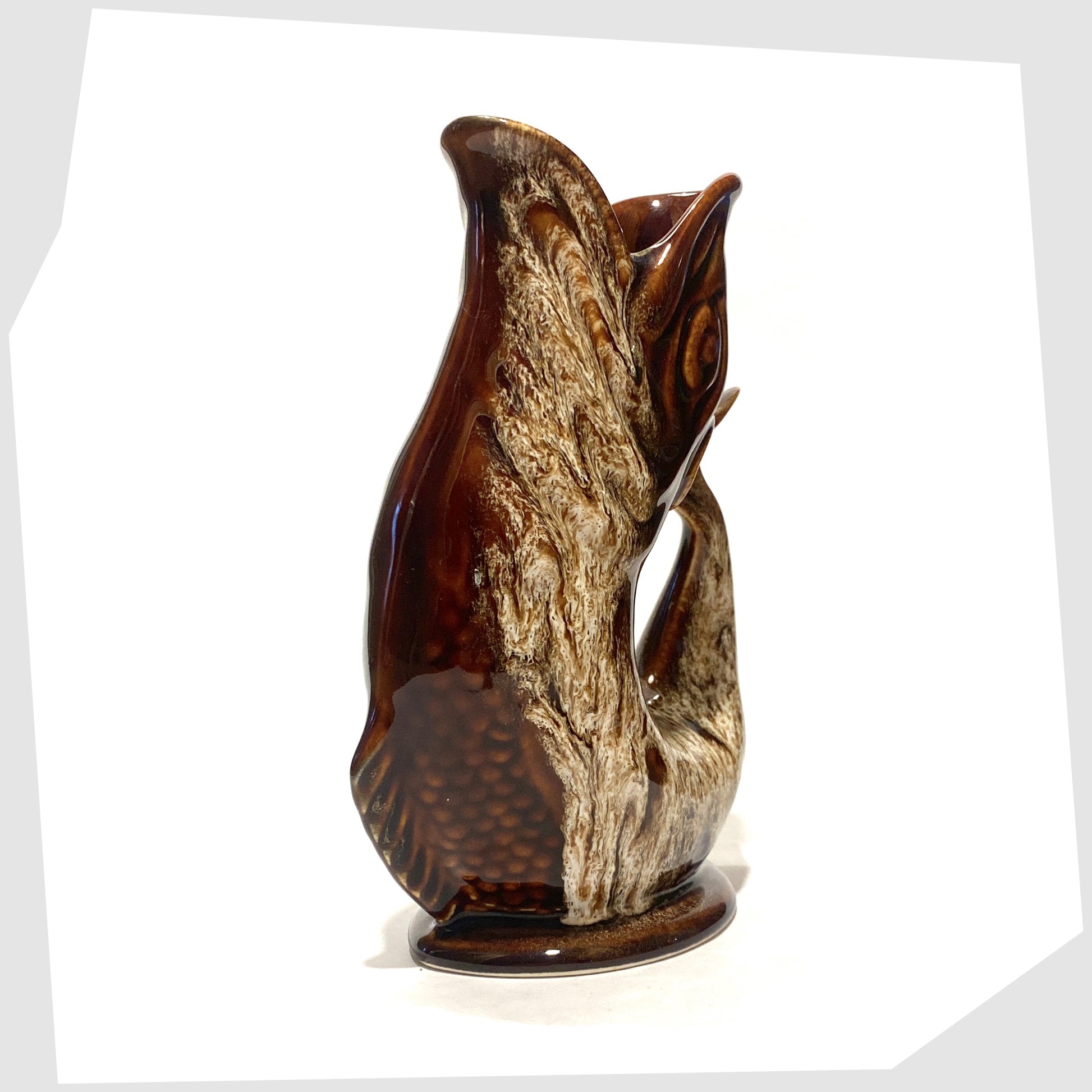 vintage fosters studio pottery fish-shaped gluggle jug in chestnut brown drip glaze