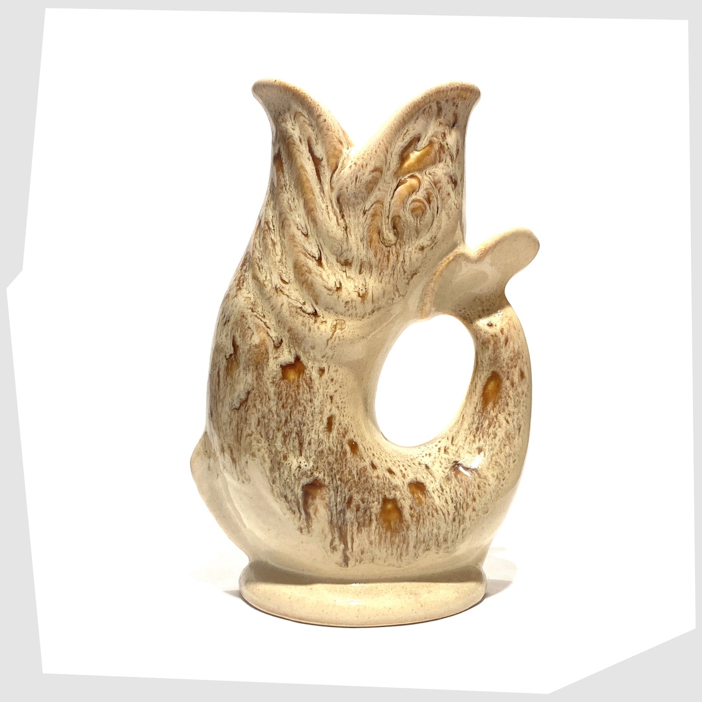 original Fosters Studio Pottery Gluggle Jug in a beige and amber honeycomb drip glaze