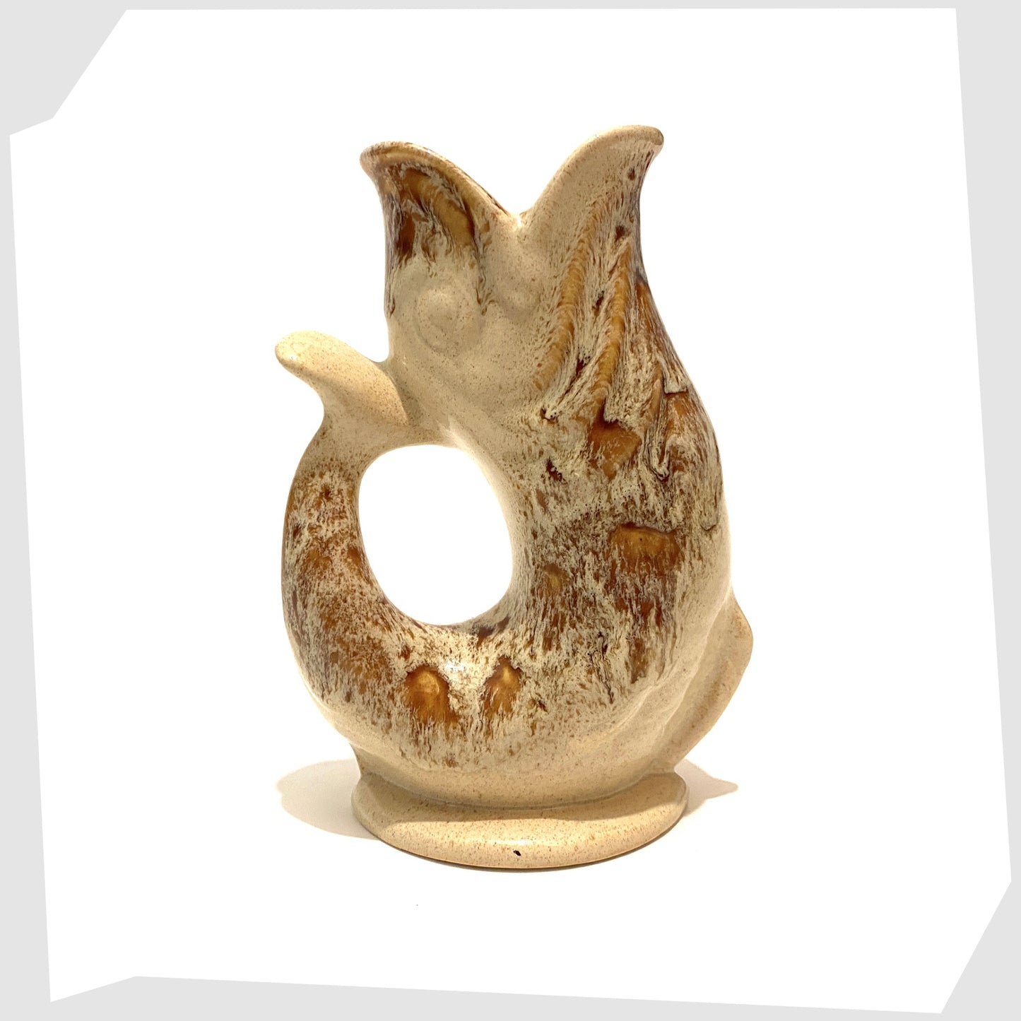 original gluggle jug by fosters pottery cornwall, glazed in a cream and brown honeycomb glazing