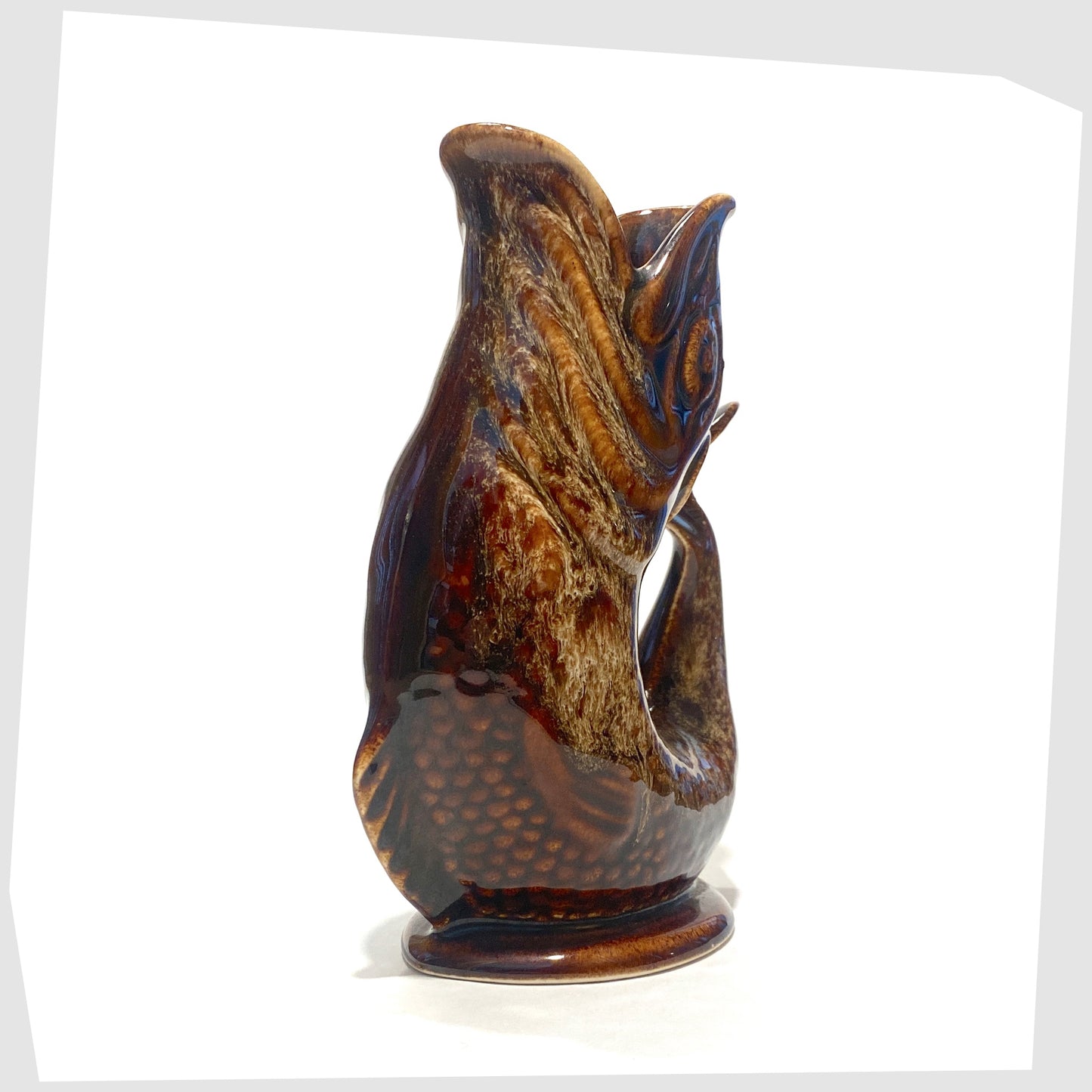 vintage fosters studio pottery fish-shaped gluggle jug in chestnut brown drip glaze