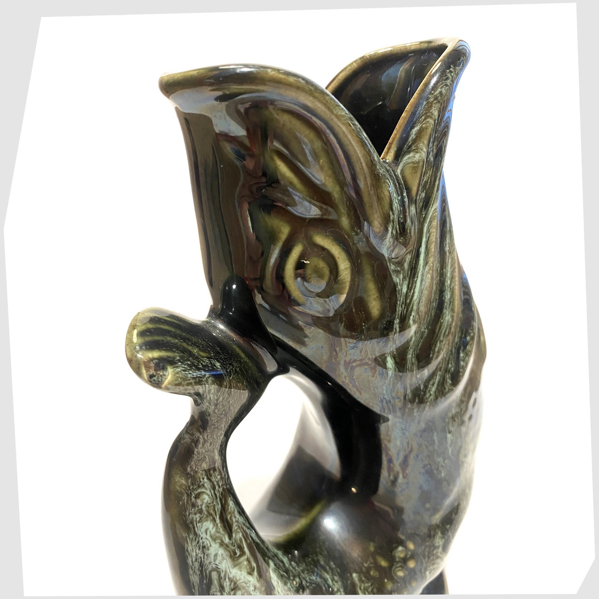 top spout of the vintage fosters studio pottery gluggle jug in green drip glaze