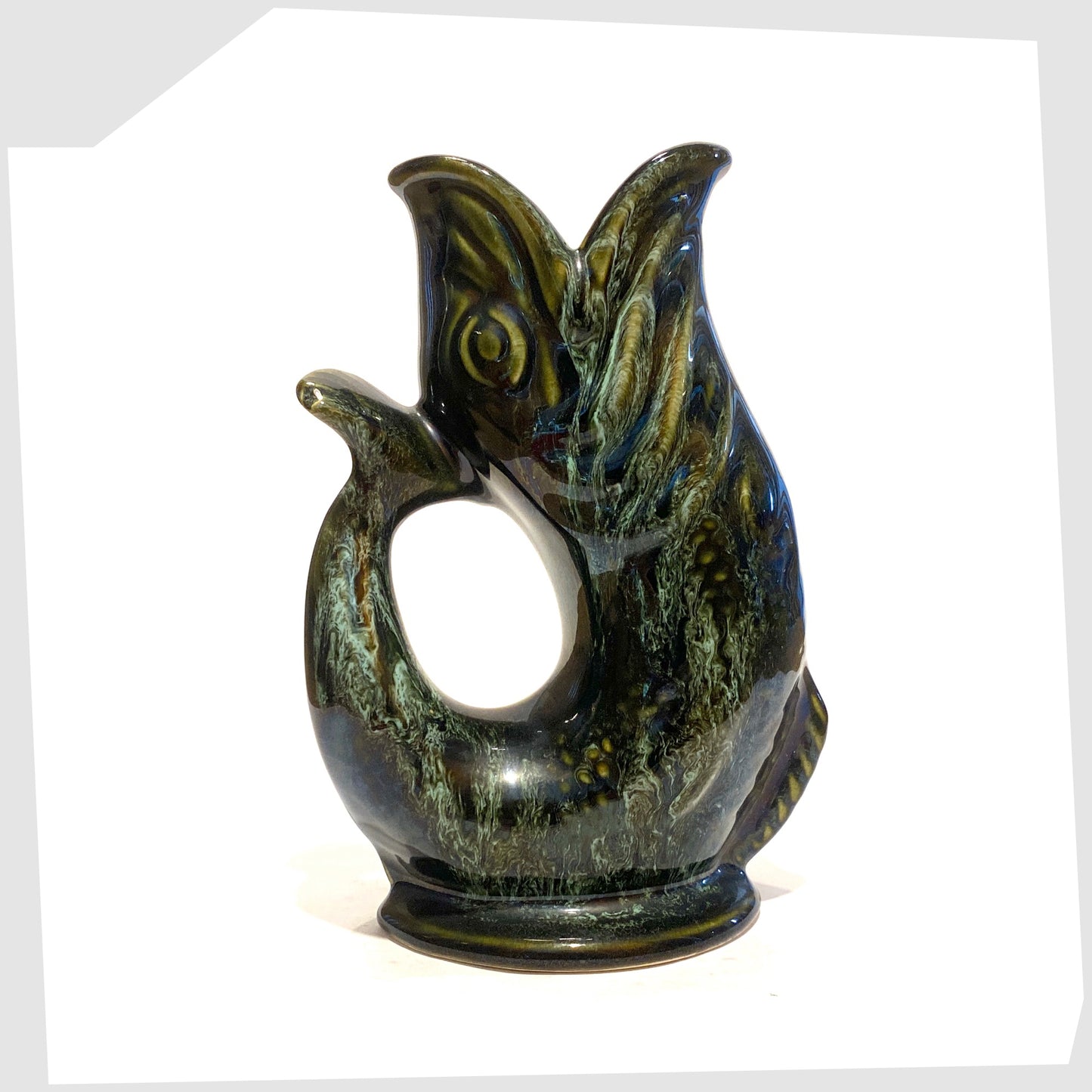 vintage fosters studio pottery gluggle jug in green drip glaze