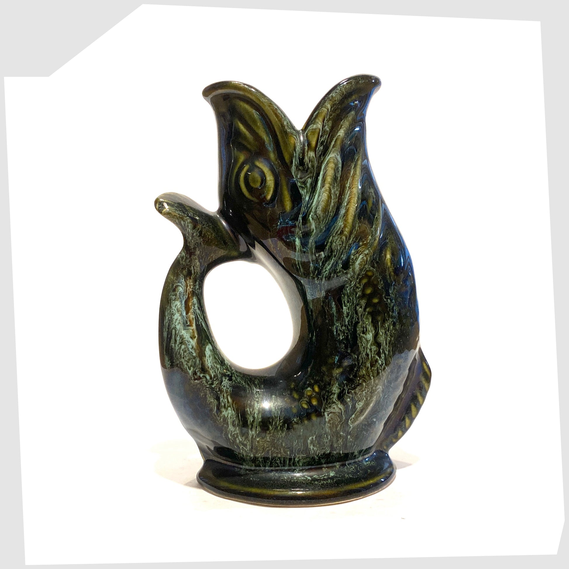 vintage fosters studio pottery gluggle jug in green drip glaze
