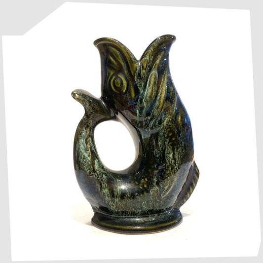 vintage fosters studio pottery gluggle jug in green drip glaze