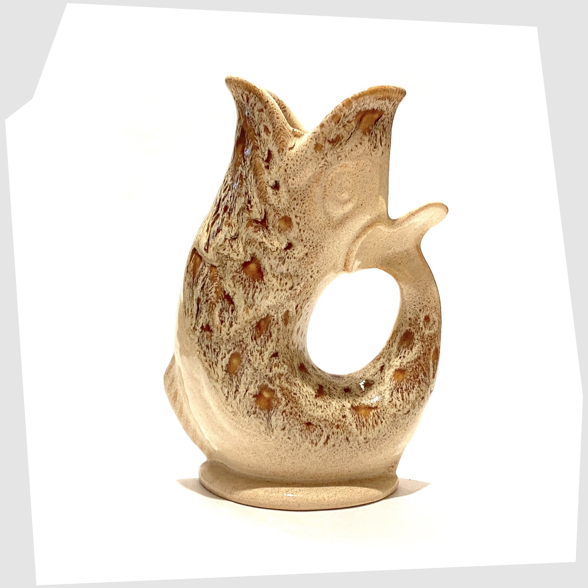 vintage fosters studio pottery gluggle jug in cream and brown honeycomb glaze