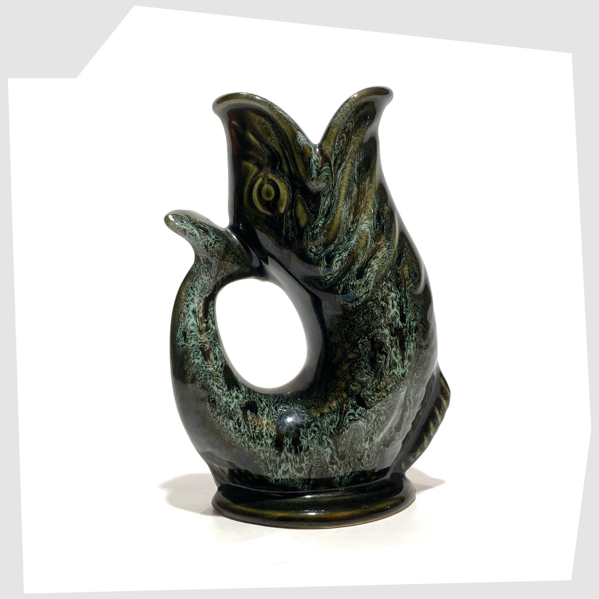 Fosters Studio Pottery Gluggle Jug in green drip glaze, shown on a white background