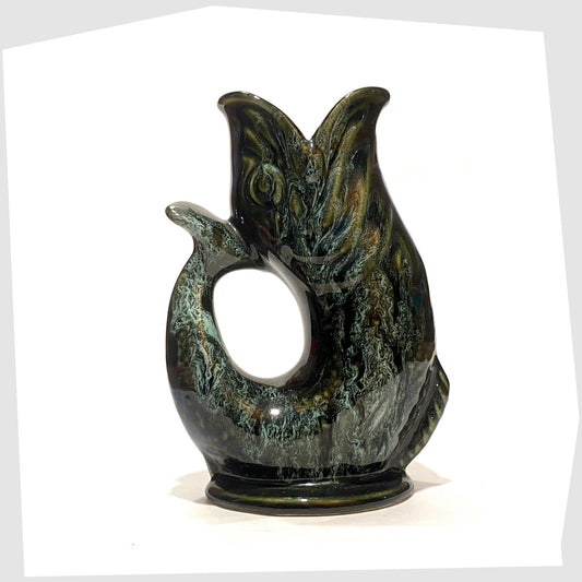 Fosters Studio Pottery Gluggle Jug in green honeycomb drip glaze, shown on a white background