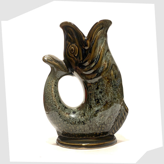 Fosters Studio Pottery Gluggle in Green honeycomb drip glaze, shown on a white background