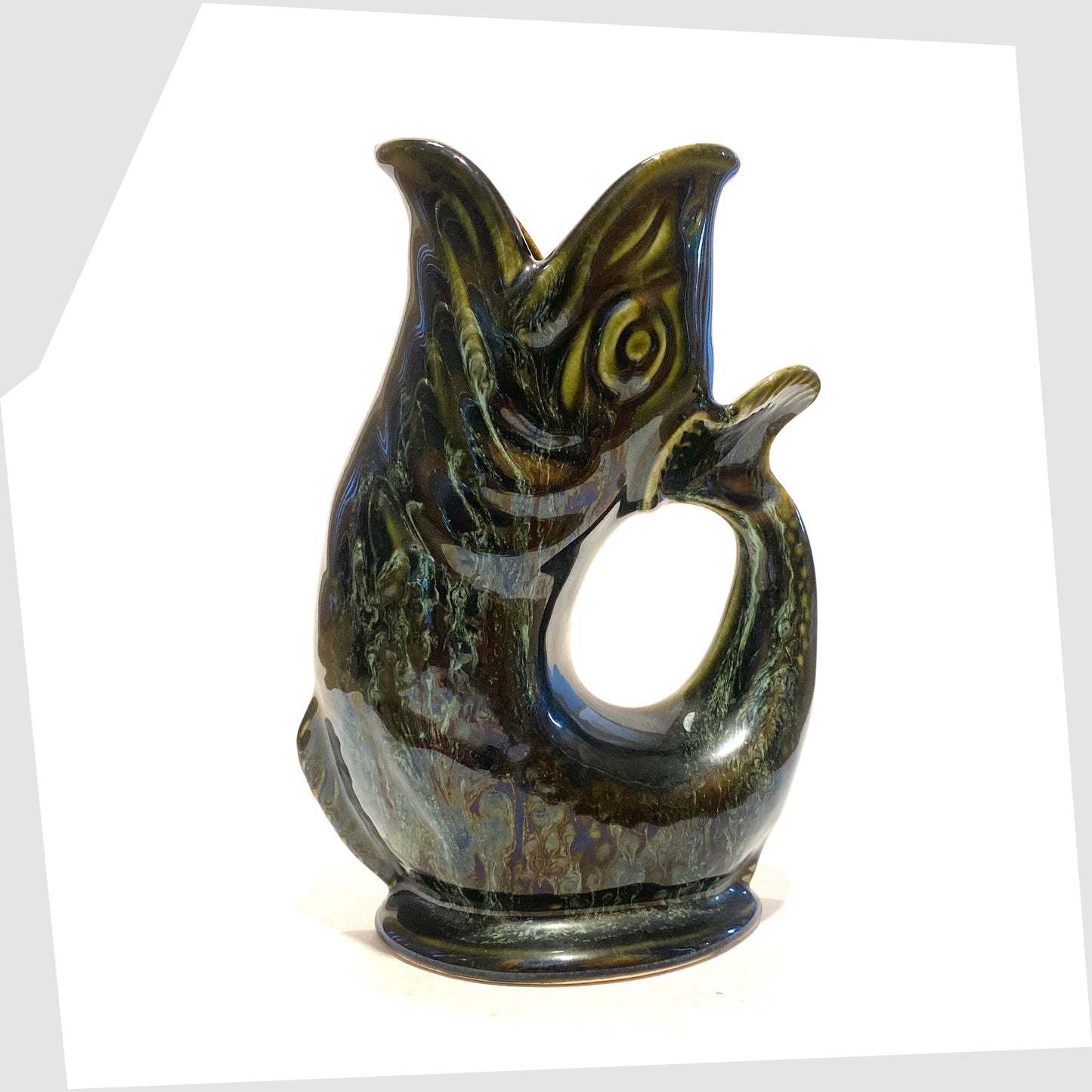 original fosters studio pottery gluggle jug in green drip glaze