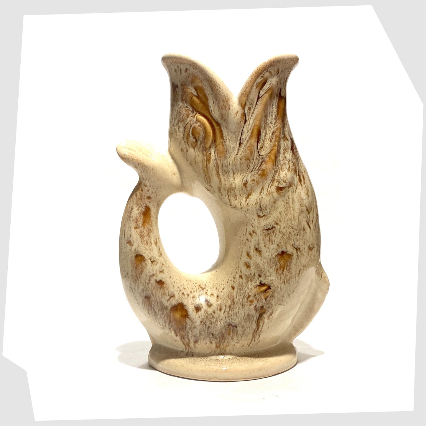 vintage Fosters Studio Pottery Gluggle Jug in a beige and amber honeycomb drip glaze