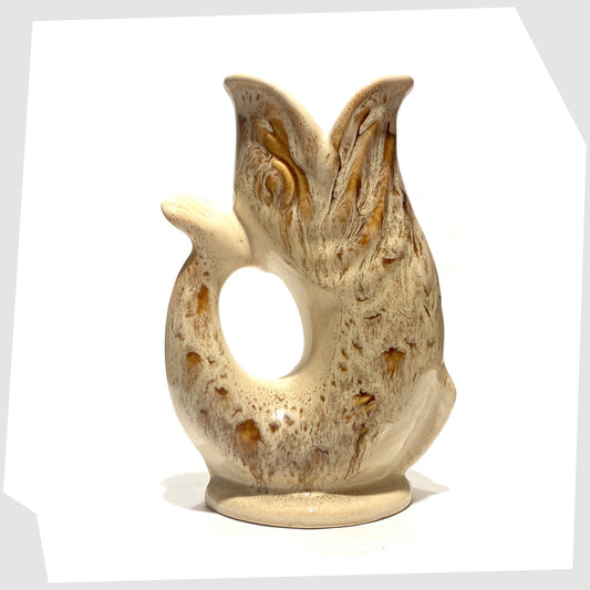 vintage Fosters Studio Pottery Gluggle Jug in a beige and amber honeycomb drip glaze