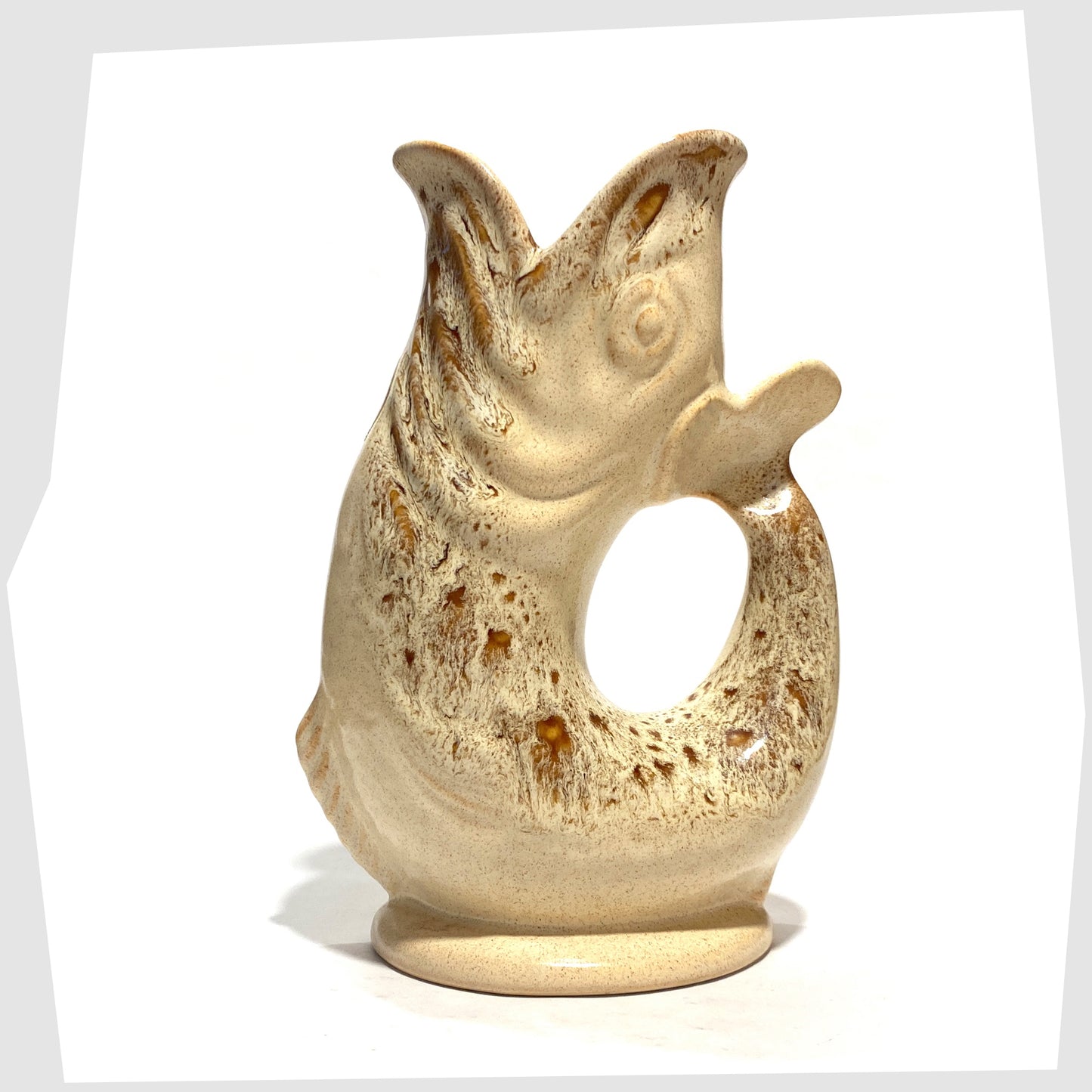 Vintage Fosters Studio Pottery Gluggle Jug in Honeycomb drip glaze, shown on a white background