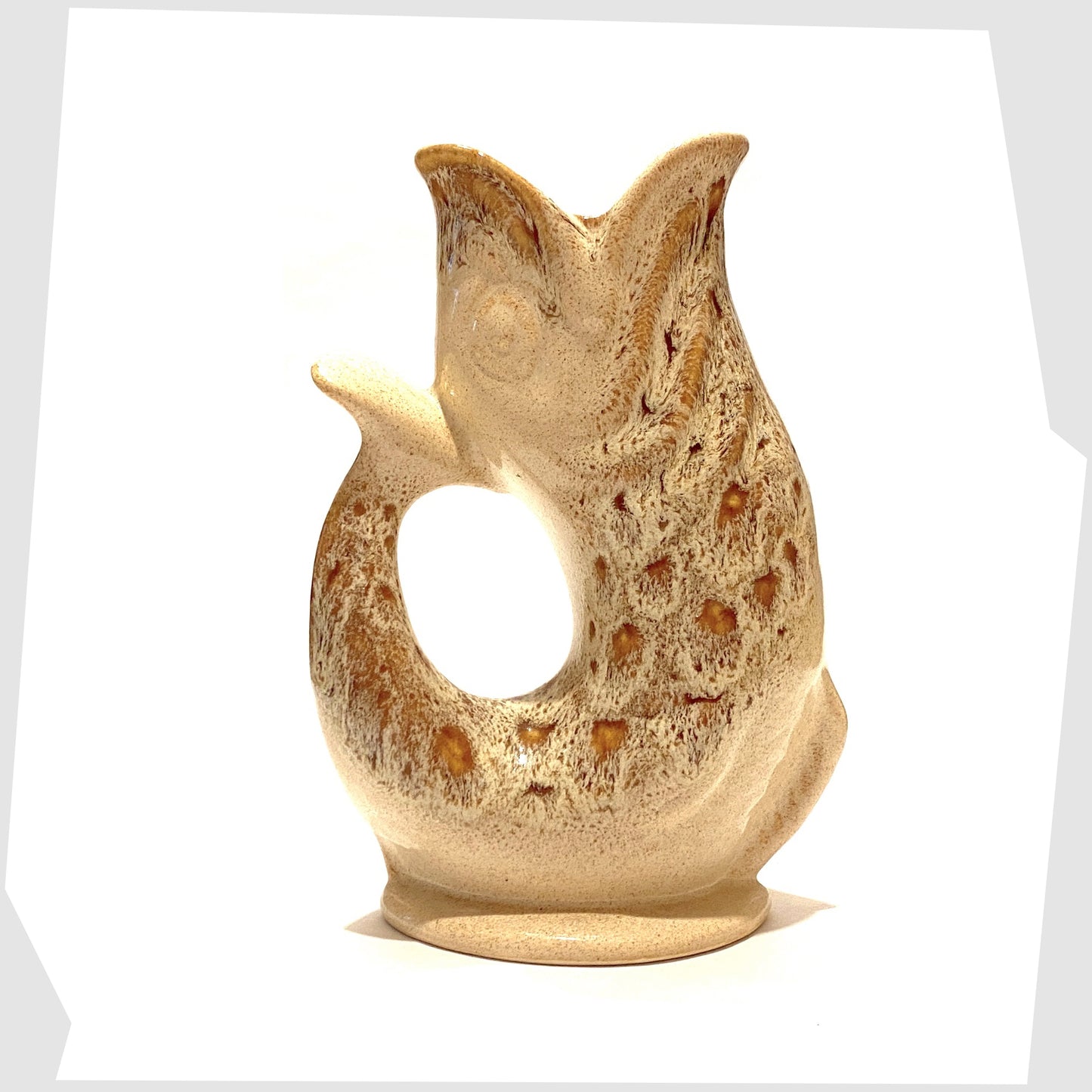 vintage gluggle jug in honeycomb glaze of brown and cream by fosters studio pottery