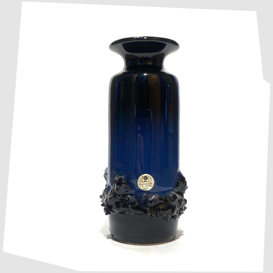 vintage Glit Pottery Vase in black and cobalt blue glaze with a band of deep fat lava